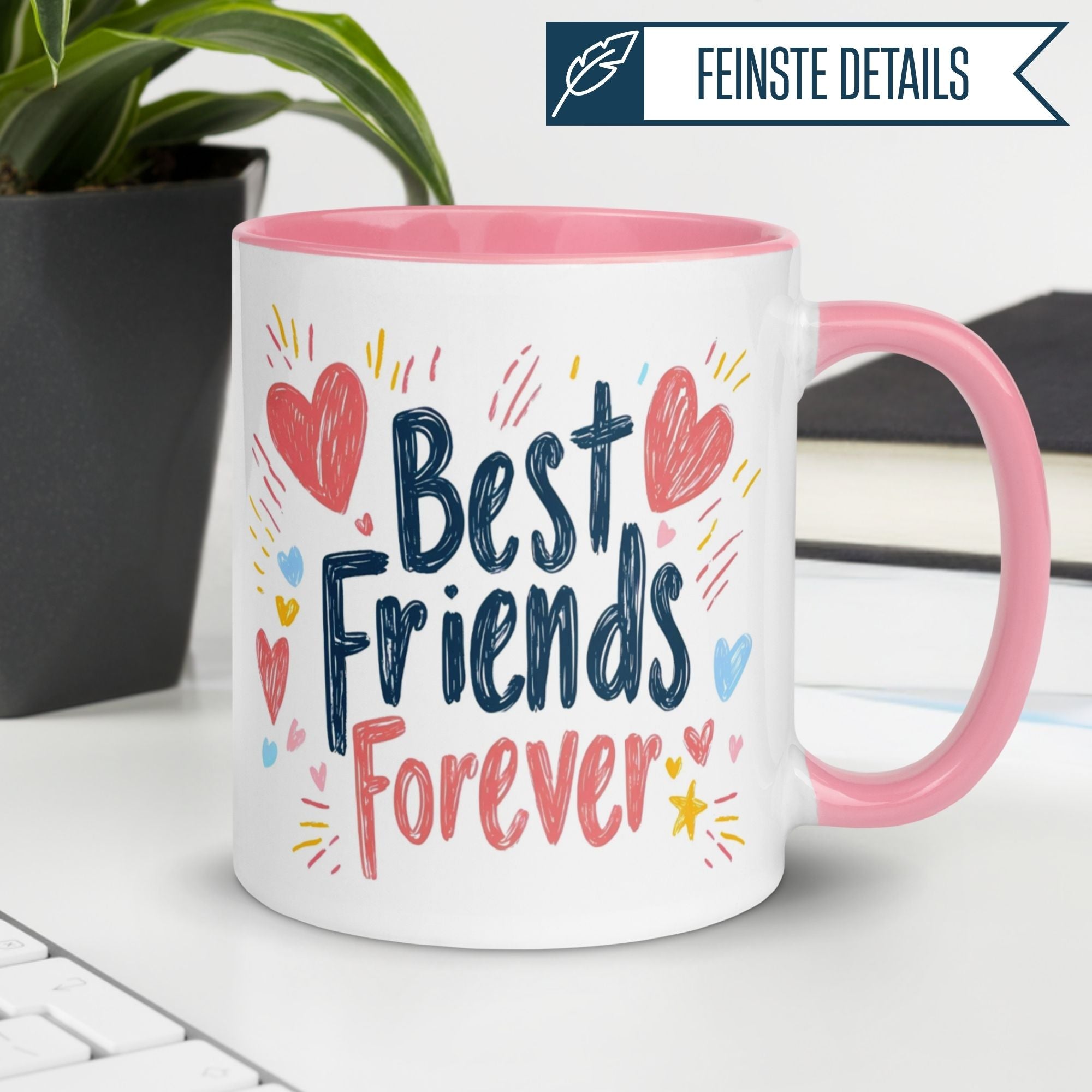 Momentals® Tasse mit Herz-Motiv "Best Friends Forever" in bunten Farben, ideal für beste Freunde.
