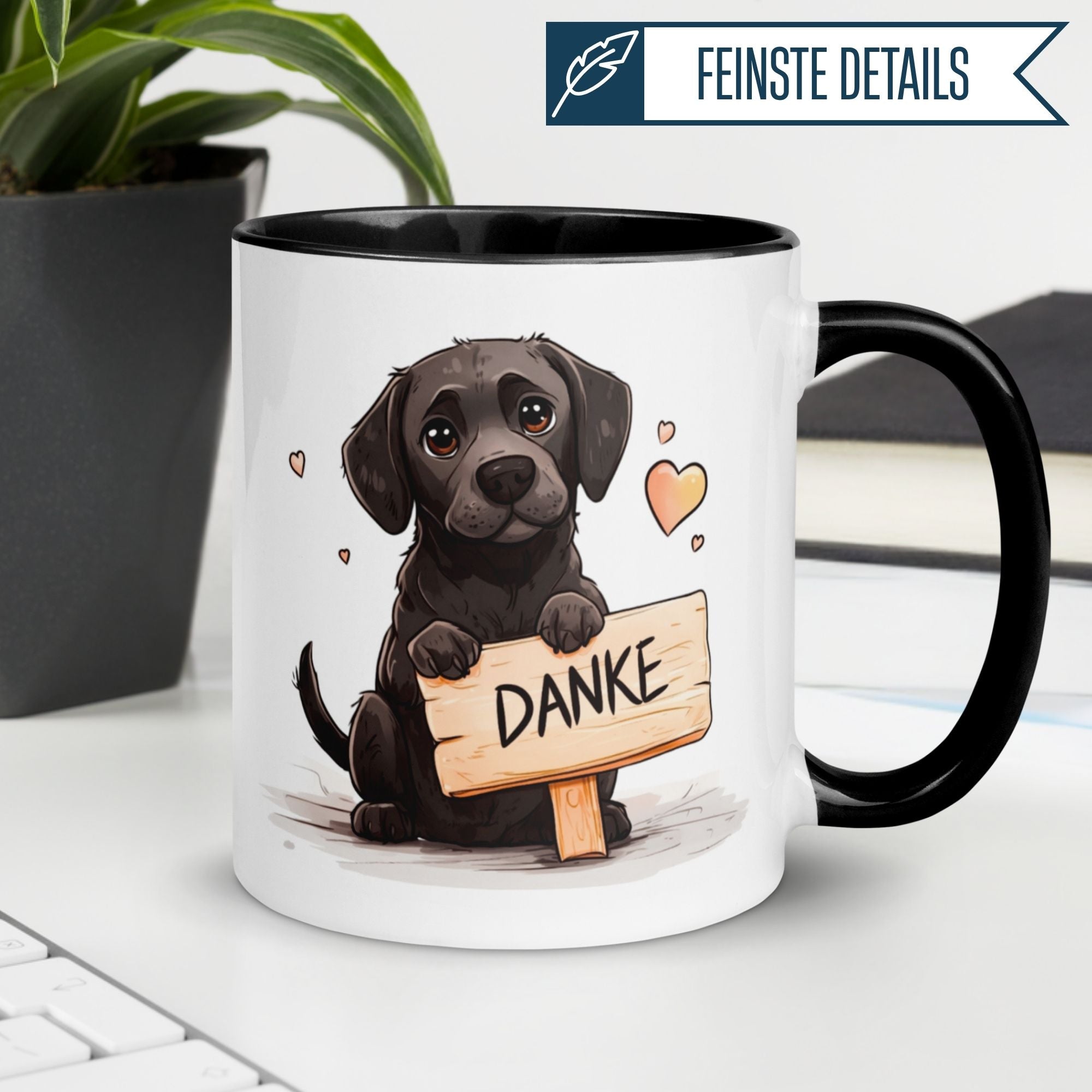 Momentals® Tasse mit Hundemotiv und Herzchen, ideal für ein herzliches Danke bei jeder Kaffeepause.