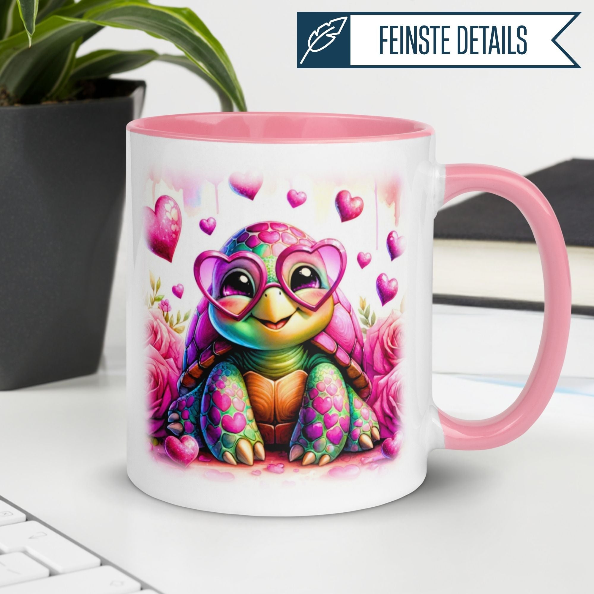 Tasse | Schildkröte mit Herzbrille & Rosen | Rosa Herzdesign für Verliebte