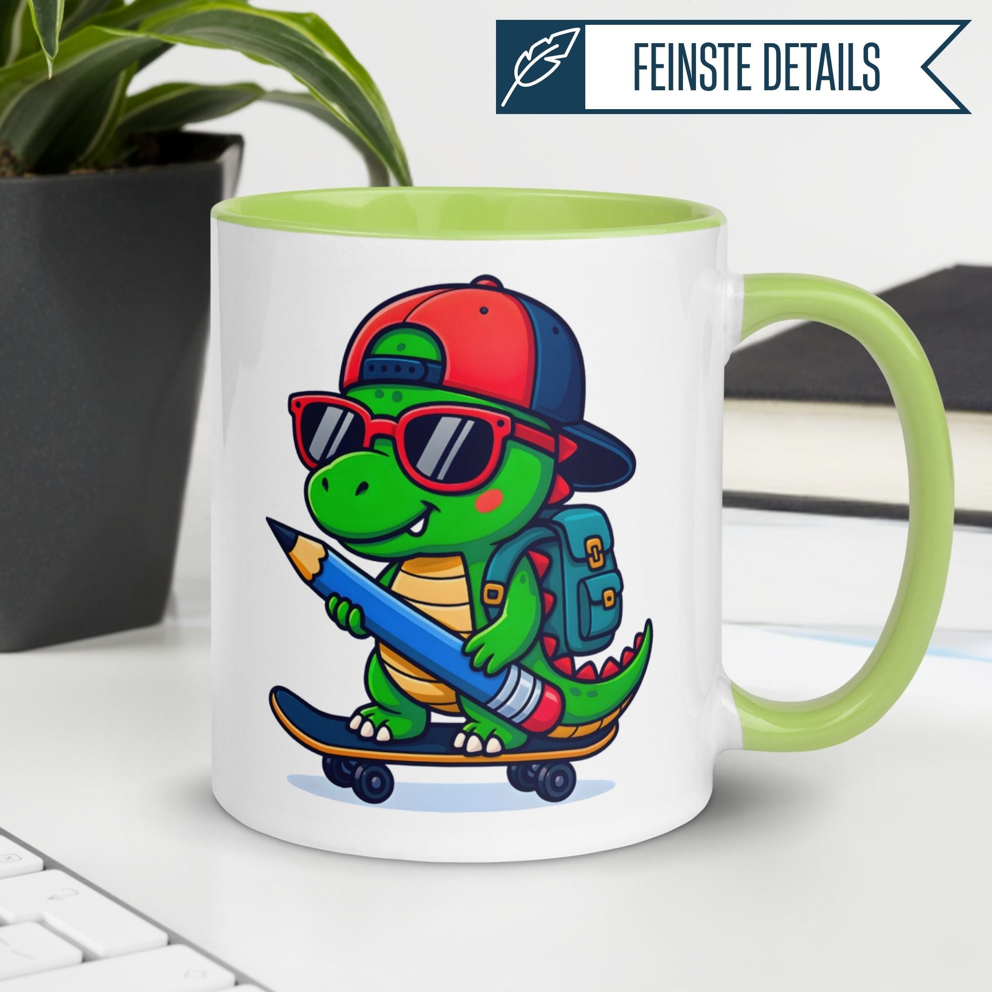 Dino Tasse | Cooler Dinosaurier auf Skateboard mit Bleistift