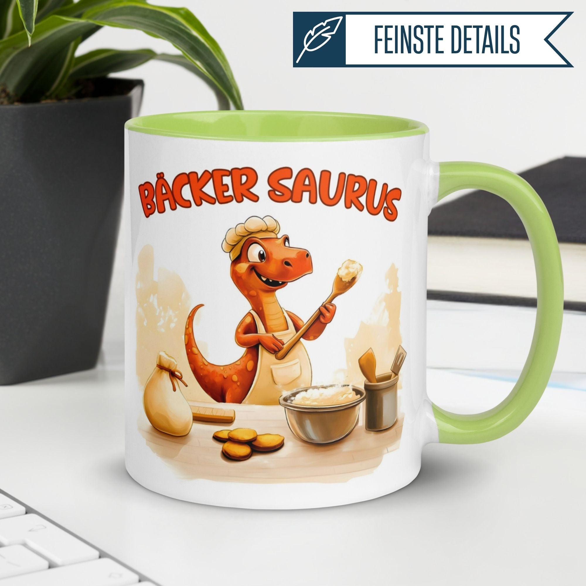 Tasse Dinosaurier – „Bäcker Saurus“ – Dino Geschenk Becher für Back Fans