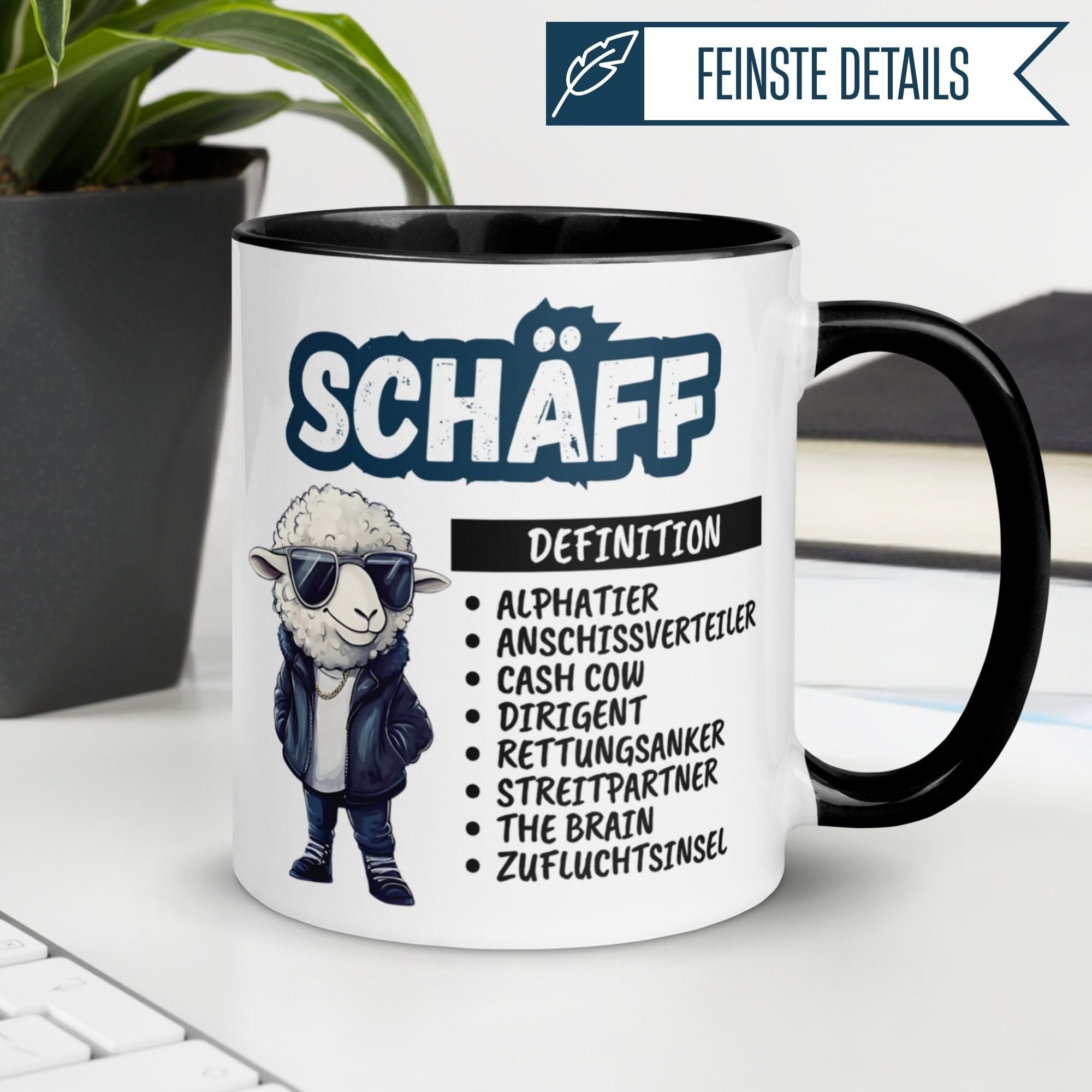 Momentals Tasse Chef mit Schaf-Motiv, humorvolle Definitionen für Chefs, charmantes Geschenk für Führungskräfte.