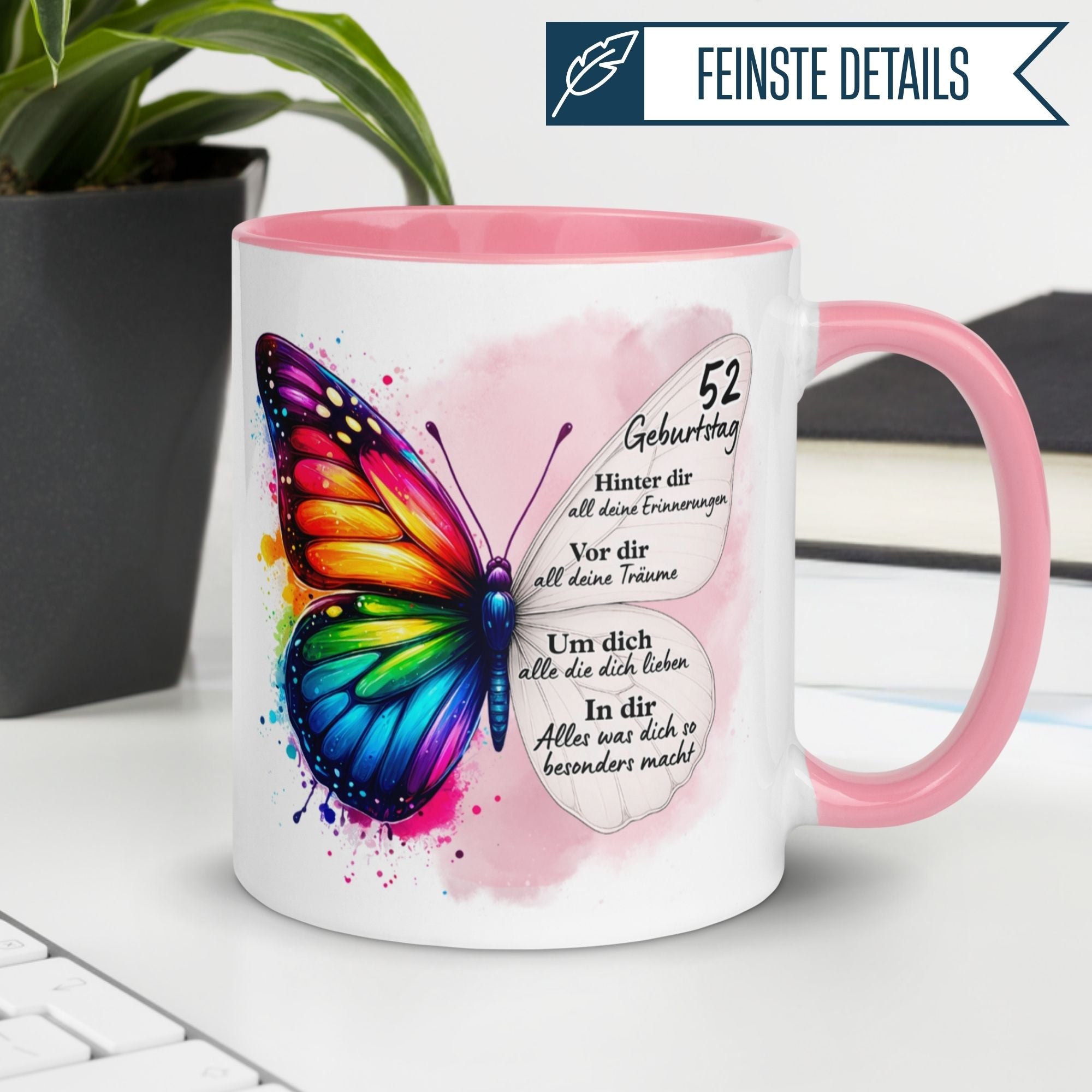 Momentals® Tasse 52. Geburtstag | Schmetterling & Spruch | Hinter dir Erinnerungen - vor dir Träume