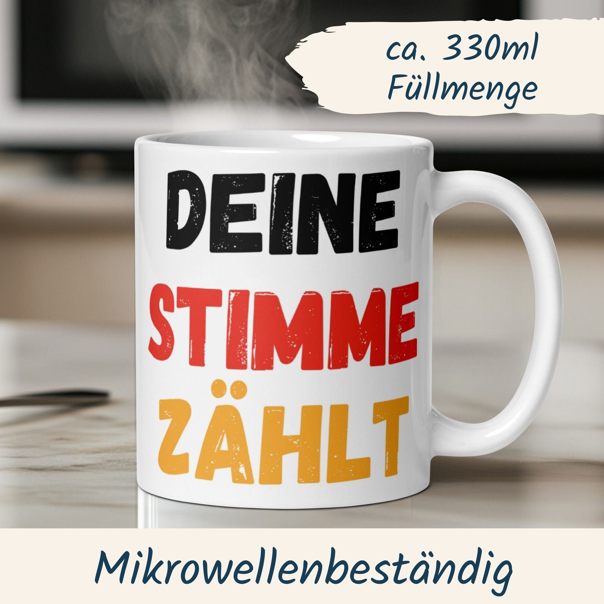Momentals® Tasse mit Spruch 'Deine Stimme zählt' in Schwarz-Rot-Gold, ideal für Kaffee und politisches Statement.