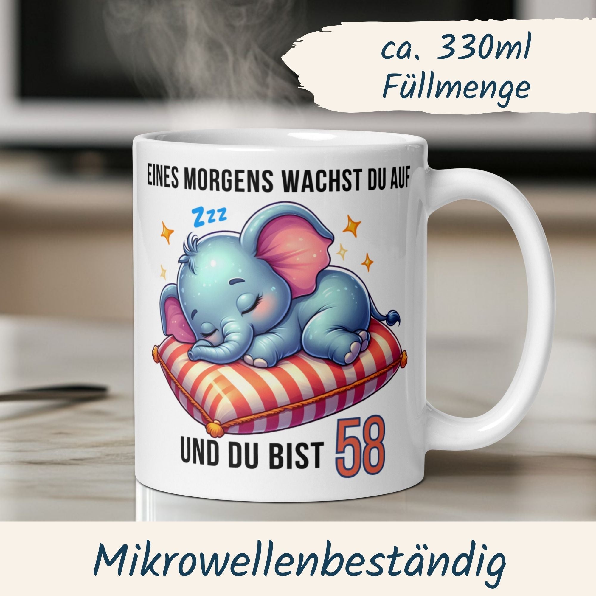 Momentals® Tasse 58. Geburtstag | Elefant & Spruch | Eines Morgens wachst du auf und du bist 58 • Momentals