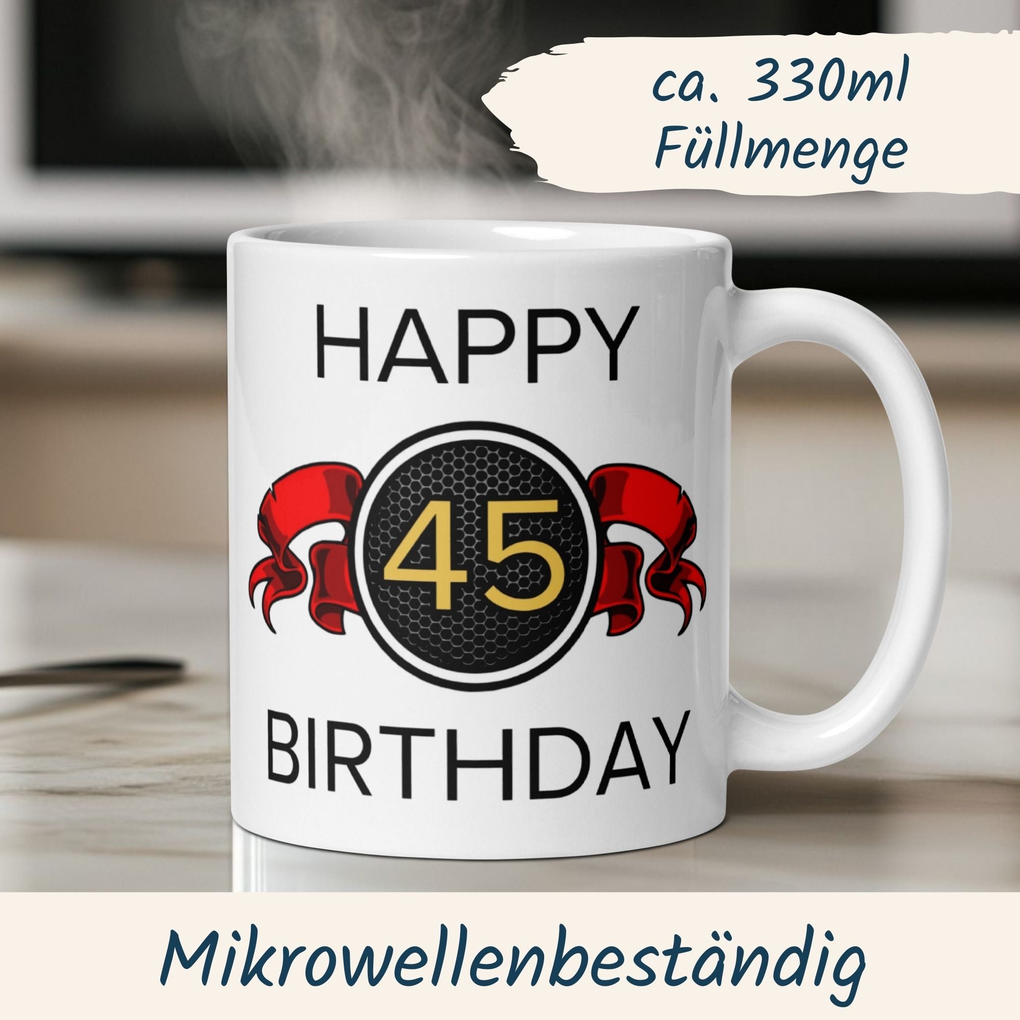 Momentals® Tasse 45. Geburtstag | Wappen & Spruch | Happy Birthday mit roter Schleife • Momentals
