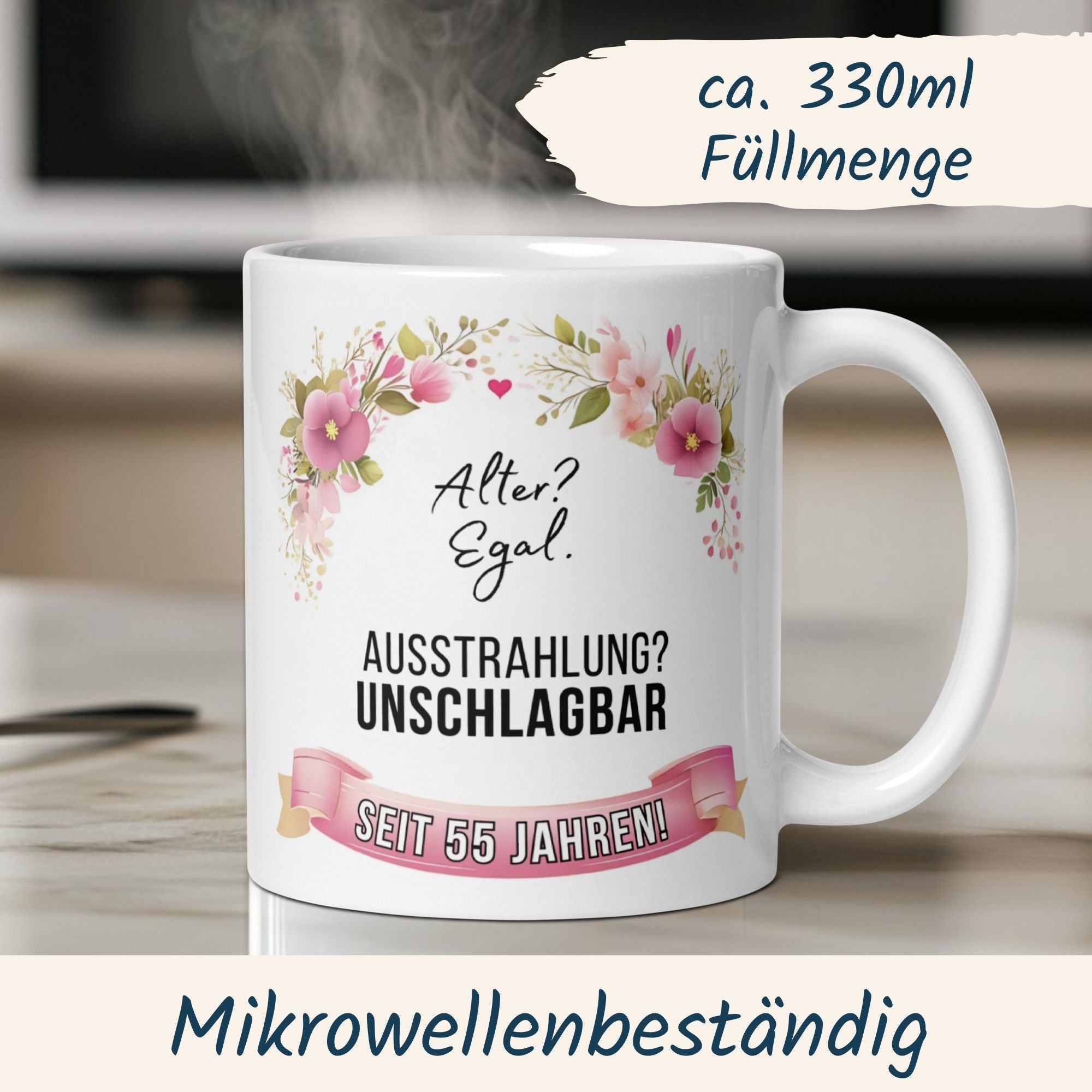 Momentals 55. Geburtstag Tasse mit floralem Design und Spruch: "Alter? Egal. Ausstrahlung? Unschlagbar!"
