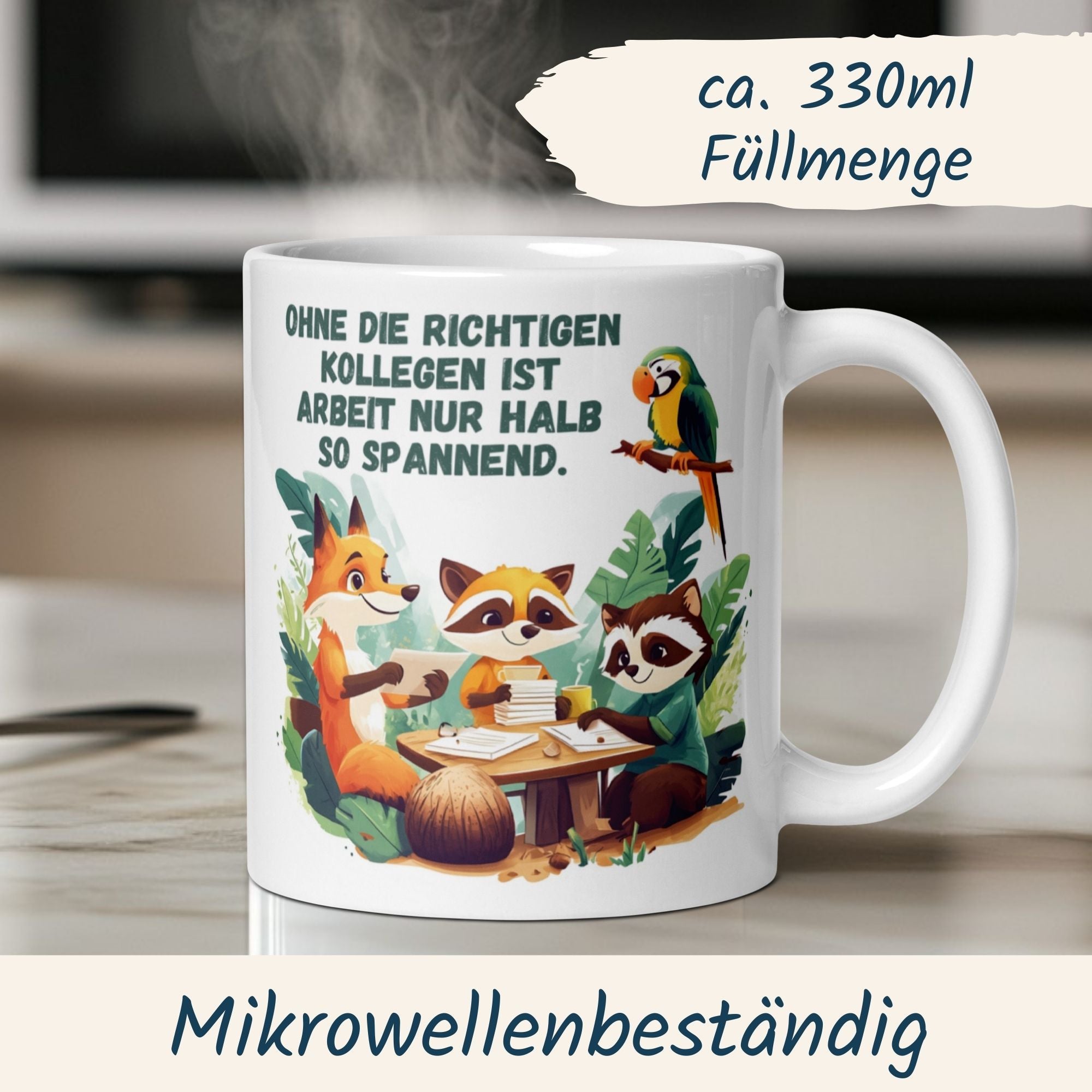Humorous Teamwork mug featuring animals and a fun quote about colleagues in a cozy office setting.
