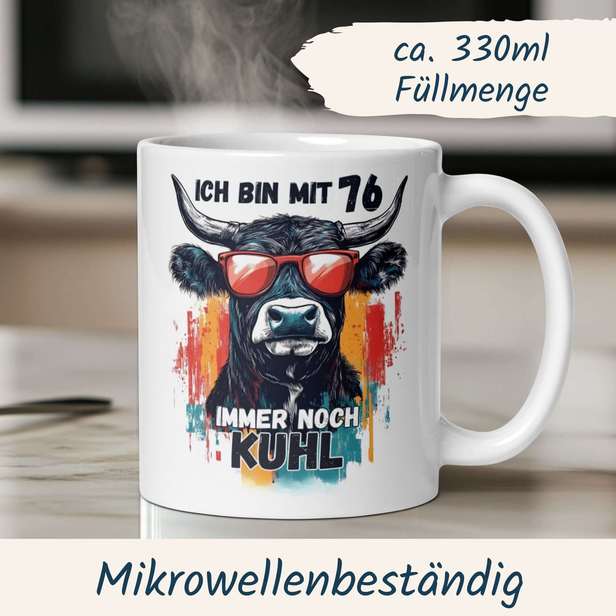 Stylische Tasse 76. Geburtstag mit Kuh-Motiv und Spruch "Ich bin mit 76 immer noch kuhl".