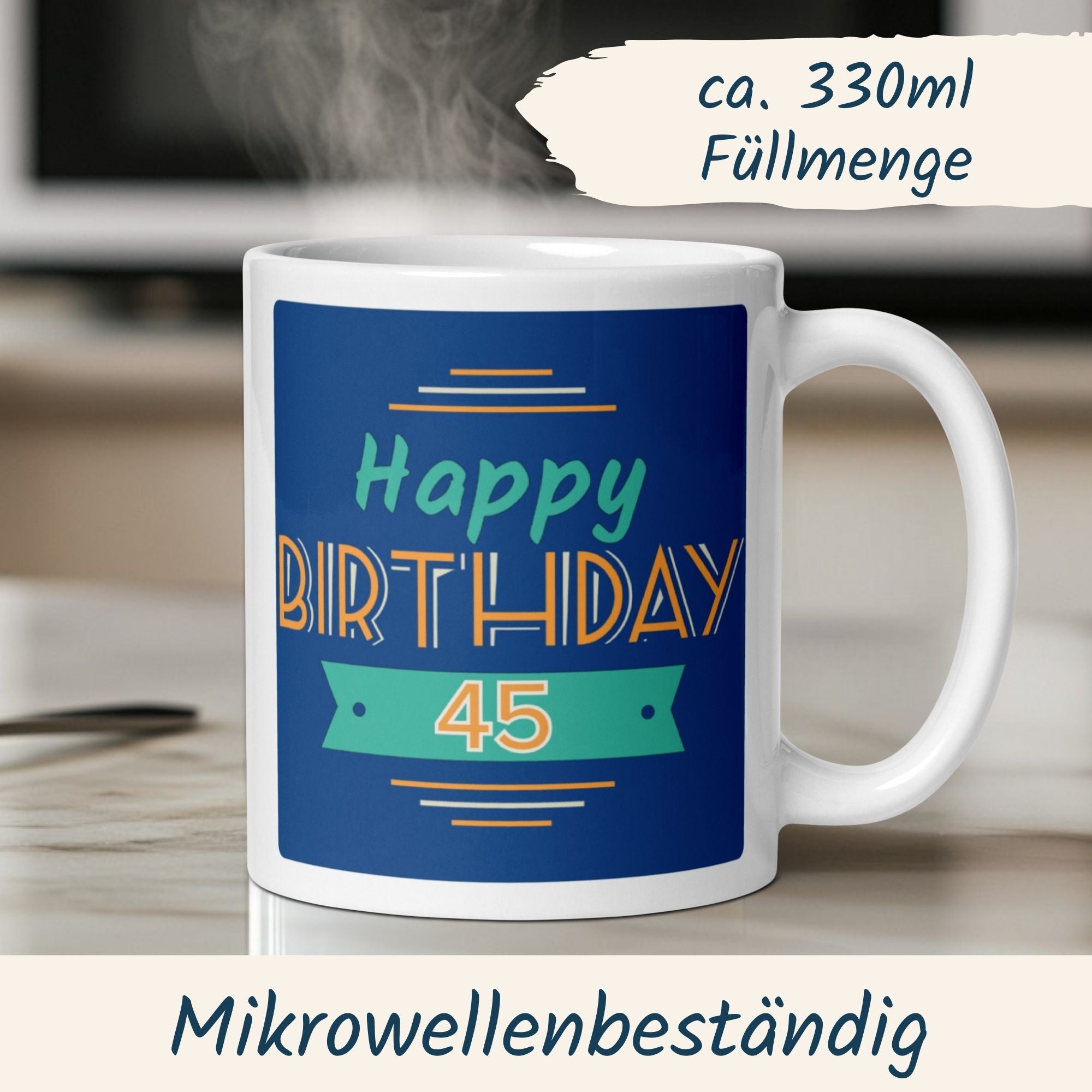 Momentals® Tasse 45. Geburtstag | Retro & Spruch | Farbenfrohes Happy Birthday • Momentals