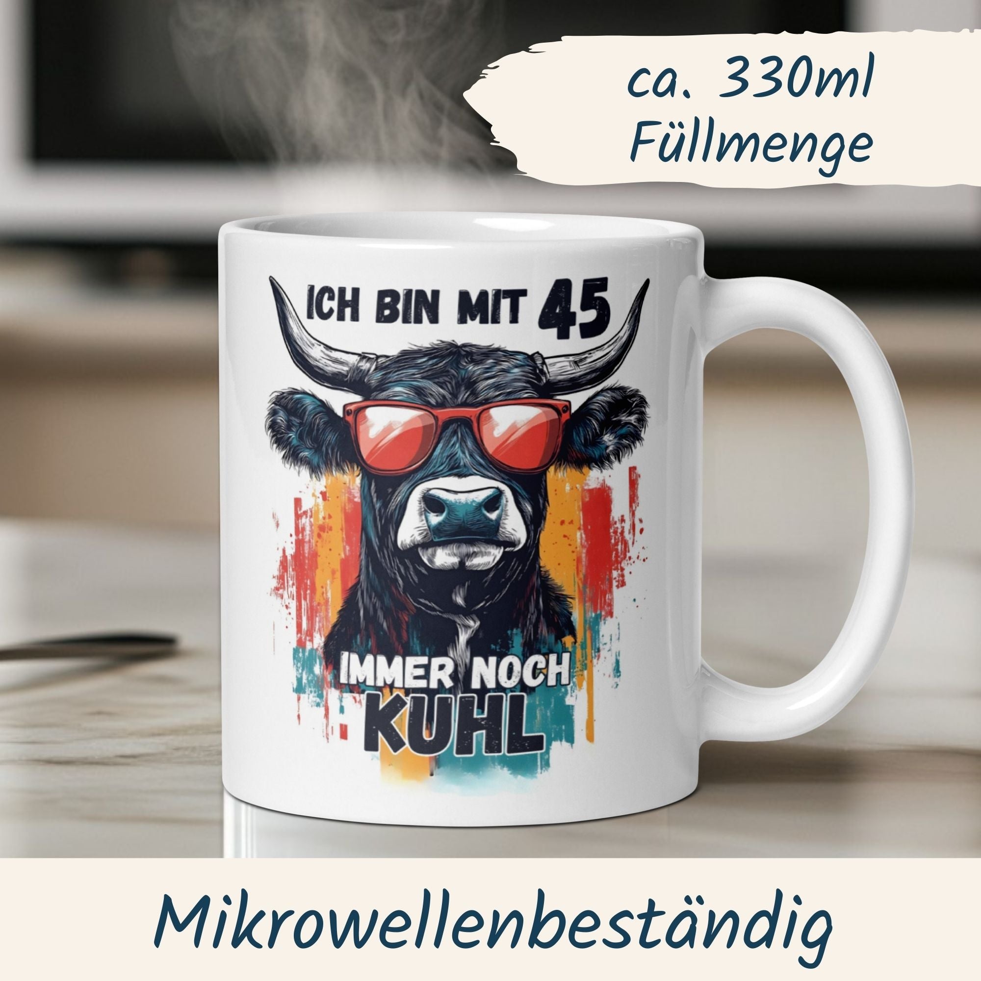 Momentals® Tasse 45. Geburtstag | Kuh & Spruch | Ich bin mit 45 immer noch Kuhl • Momentals