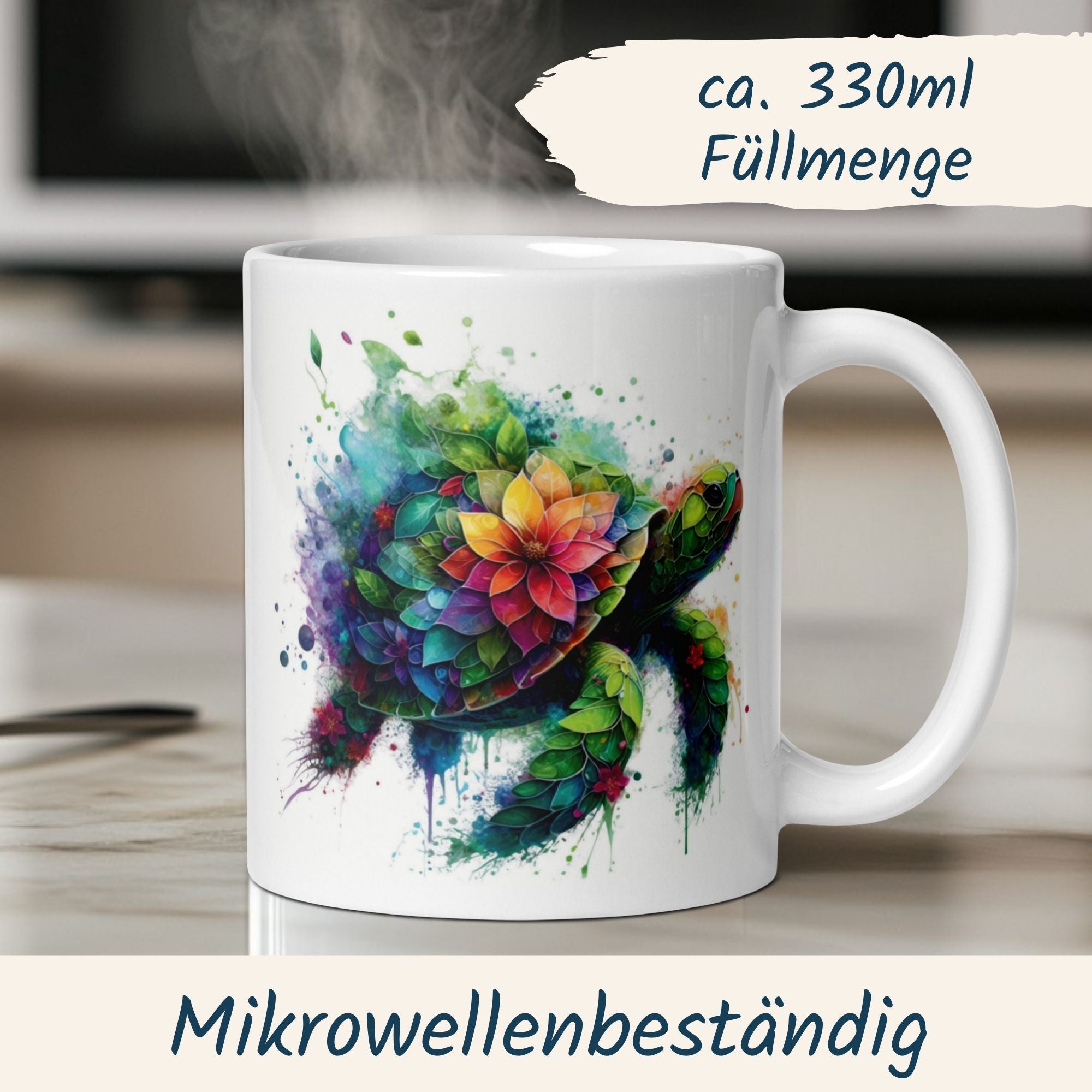 Farbenfrohe Schildkröten-Tasse im Mosaik-Stil mit Blumen, ca. 330ml Füllmenge, mikrowellenbeständig.