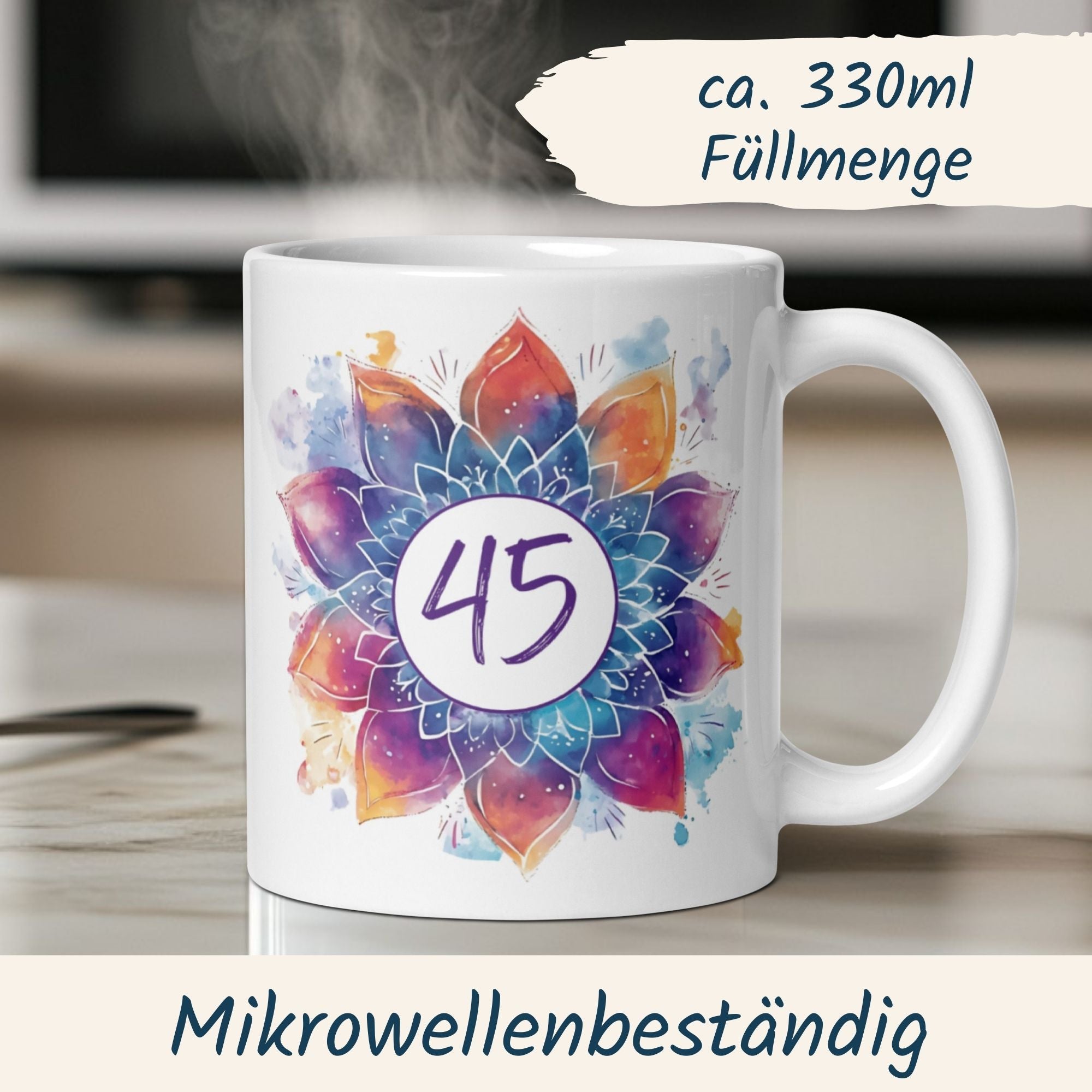 Momentals® Tasse 45. Geburtstag | Mandala Motiv | Farbenfrohes Muster mit Alterszahl • Momentals