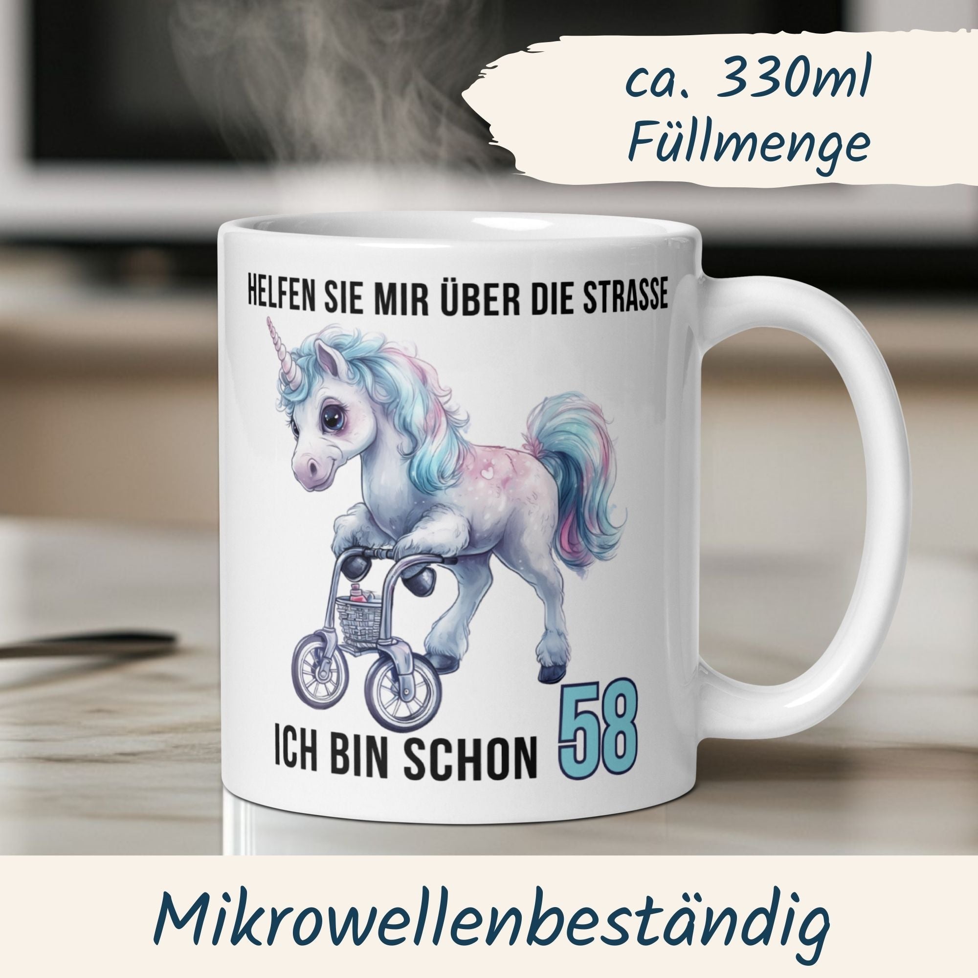 Momentals® Tasse 58. Geburtstag | Einhorn & Spruch | Helfen Sie mir über die Straße ich bin schon 58 • Momentals