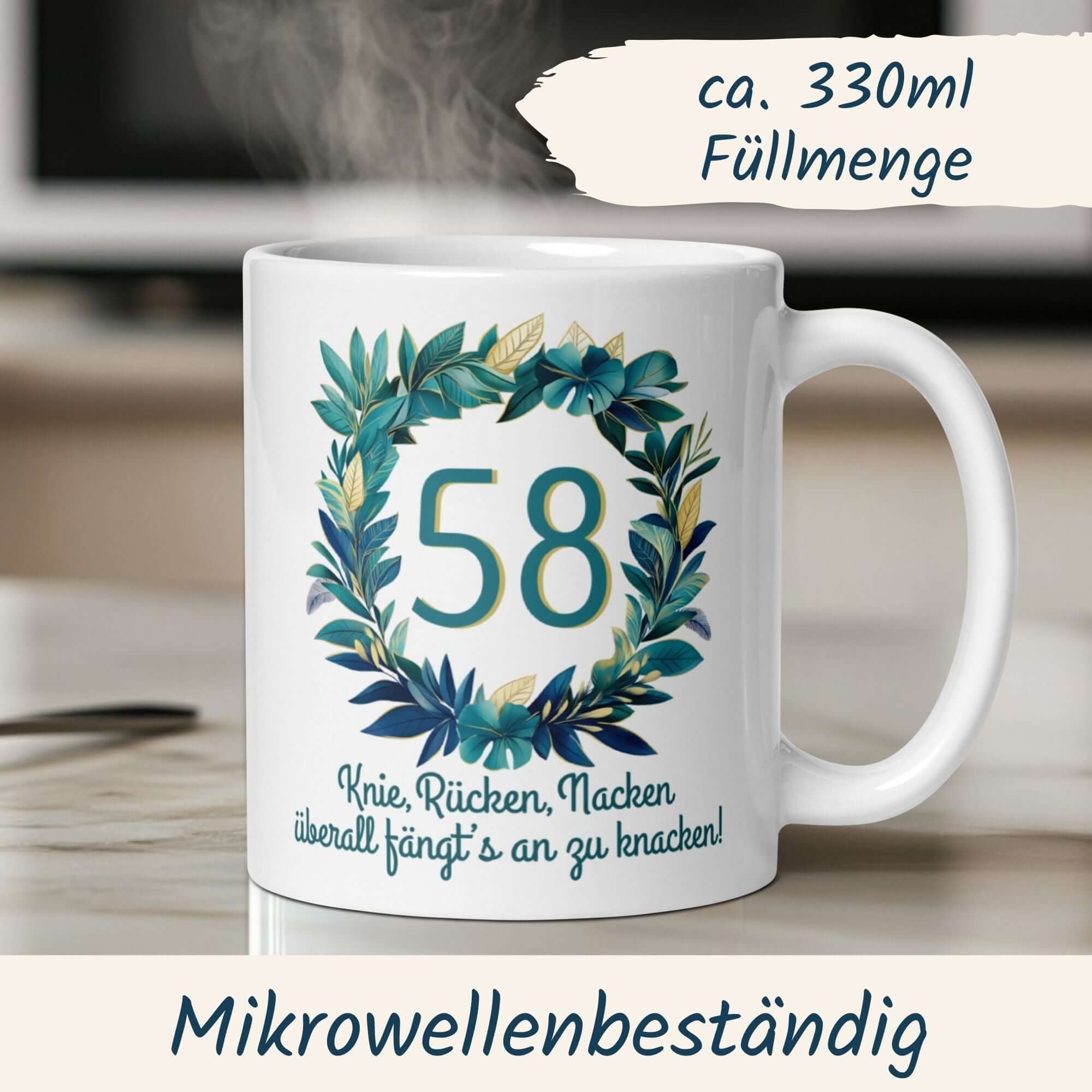 Momentals® Tasse 58. Geburtstag | Kranz & Spruch | Knie Rücken Nacken - überall fängts an zu knacken • Momentals