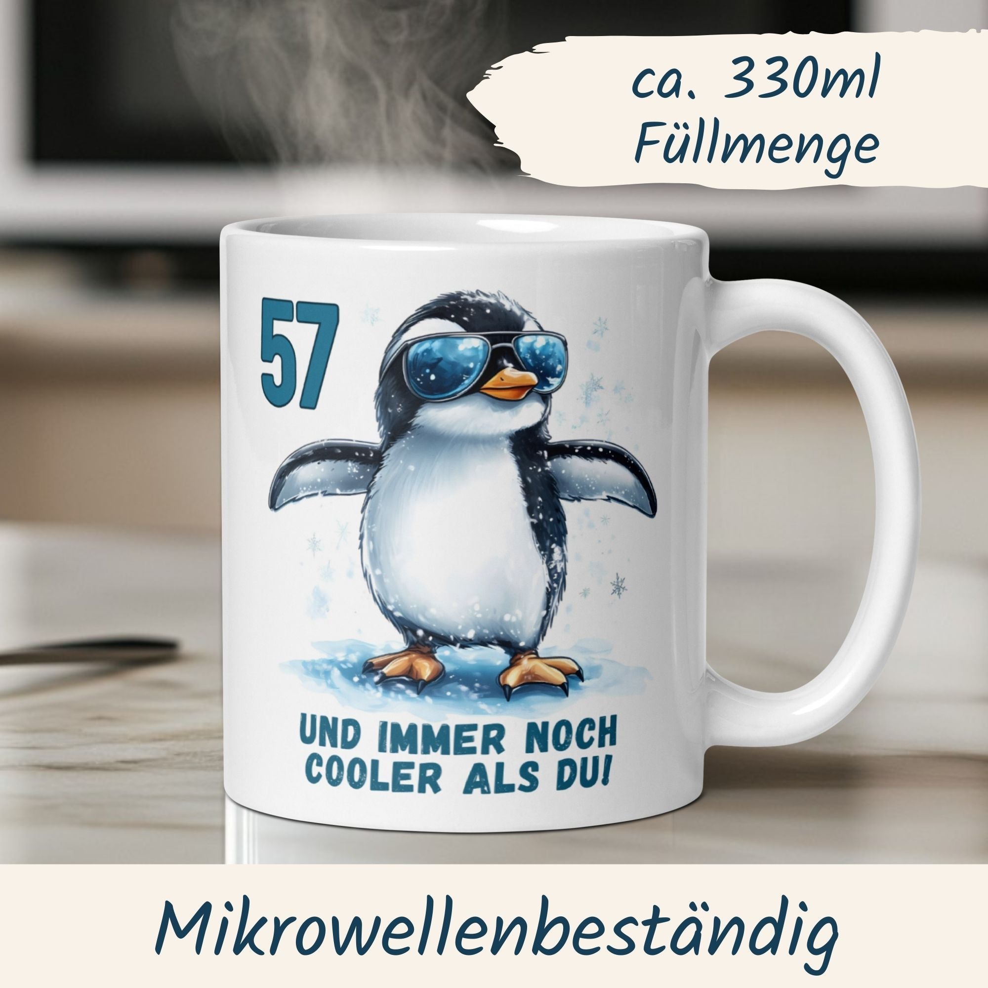 Momentals® Tasse 57. Geburtstag | Pinguin & Spruch | 57 und immer noch cooler als du • Momentals