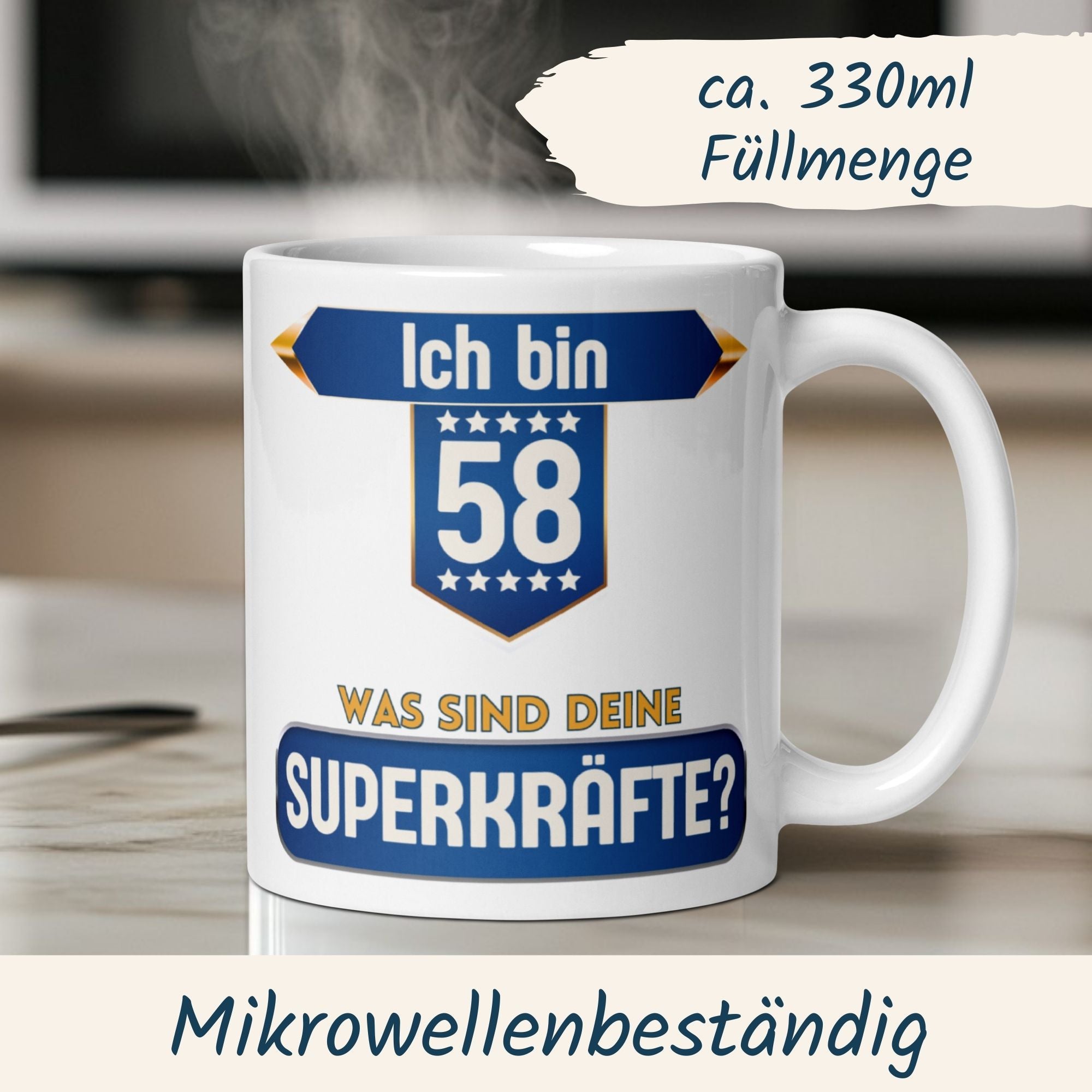 Momentals® Tasse 58. Geburtstag | Superheld & Spruch | Ich bin 58 und was ist deine Superkraft • Momentals