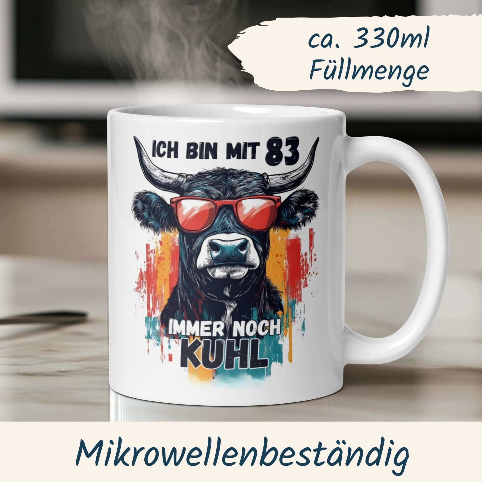 Stylish 83rd birthday mug with cool cow and sunglasses, saying 'Ich bin mit 83 immer noch kuhl', microwave safe.