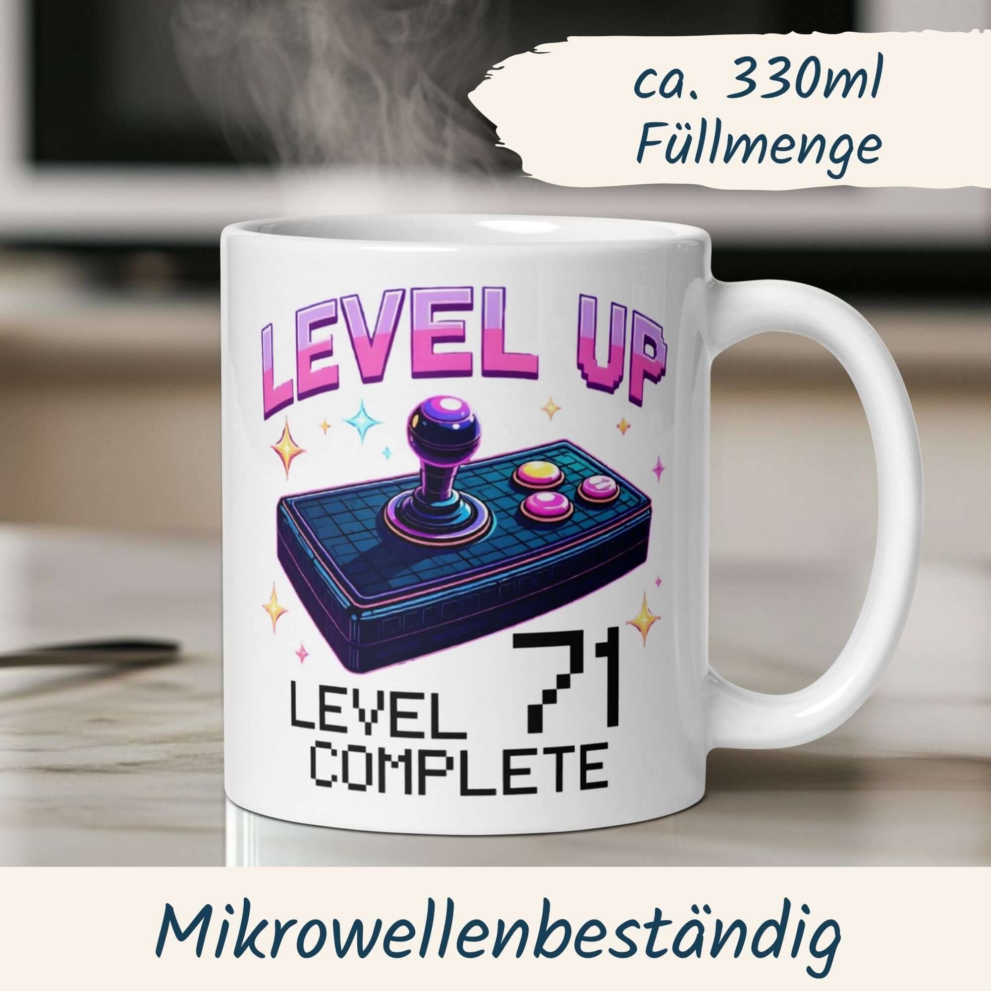 Weiße Tasse mit Joystick-Motiv und Spruch "Level 71 Complete" für Gamer, ideal zum 71. Geburtstag.