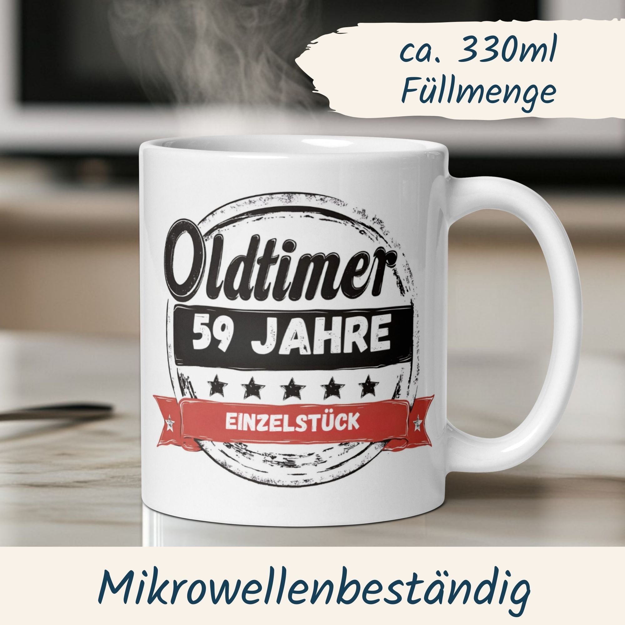Weiße Tasse für 59. Geburtstag mit Retro-Design und Spruch "Oldtimer" – ideal für den runden Geburtstag.