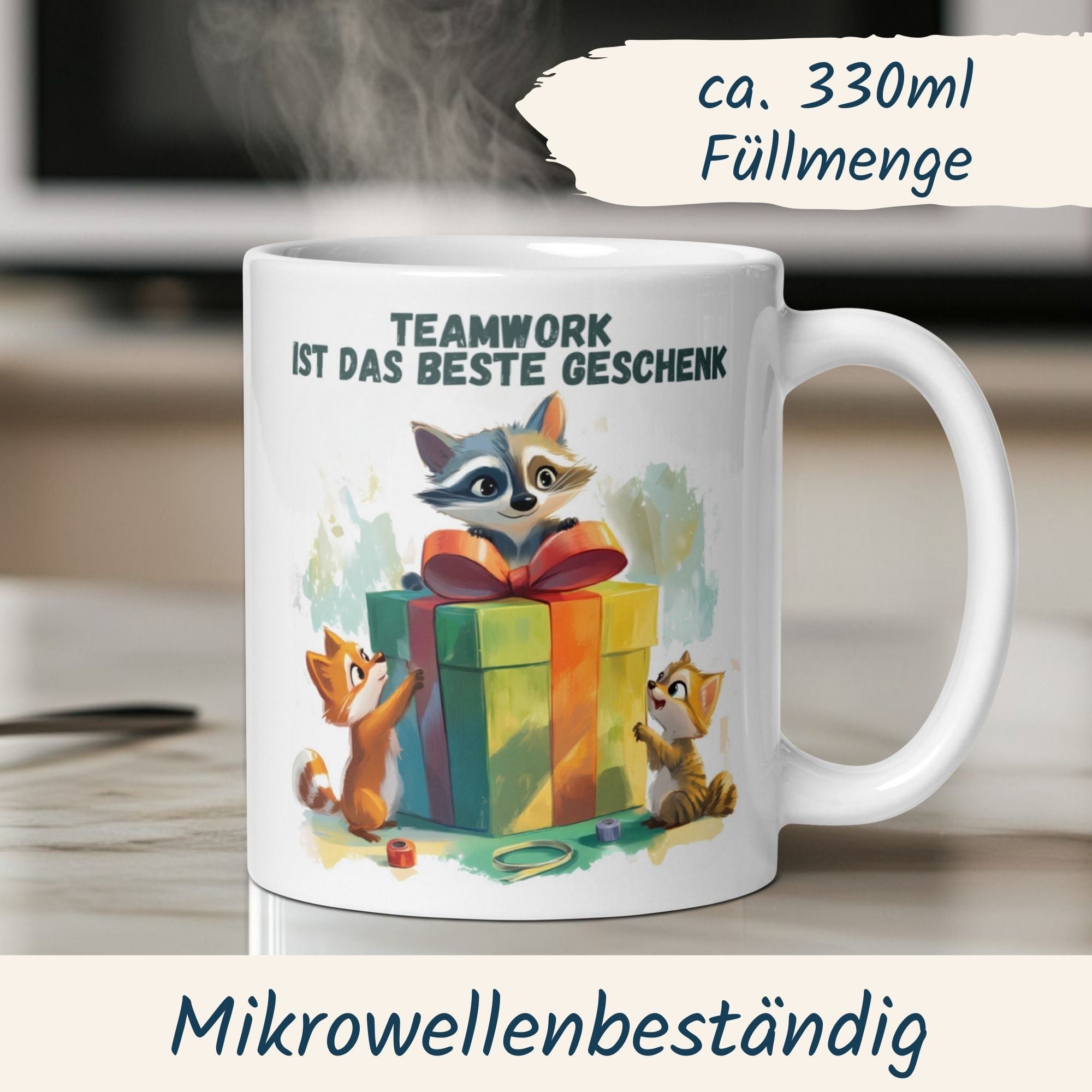 Niedliche Teamwork Tasse mit Tieren und Geschenkmotiv, ideal für inspirierende Momente.