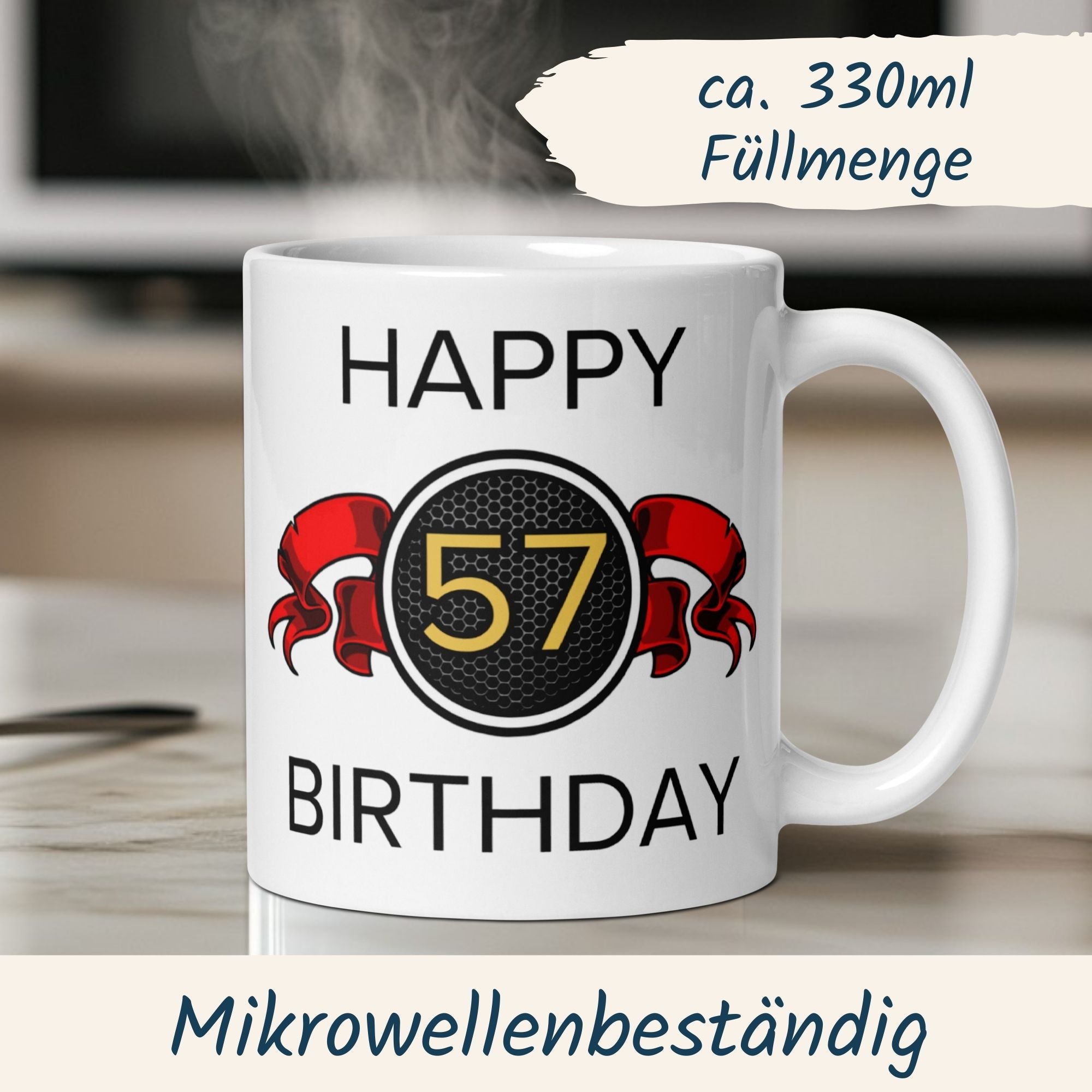 Momentals® Tasse 57. Geburtstag | Wappen & Spruch | Happy Birthday mit roter Schleife • Momentals