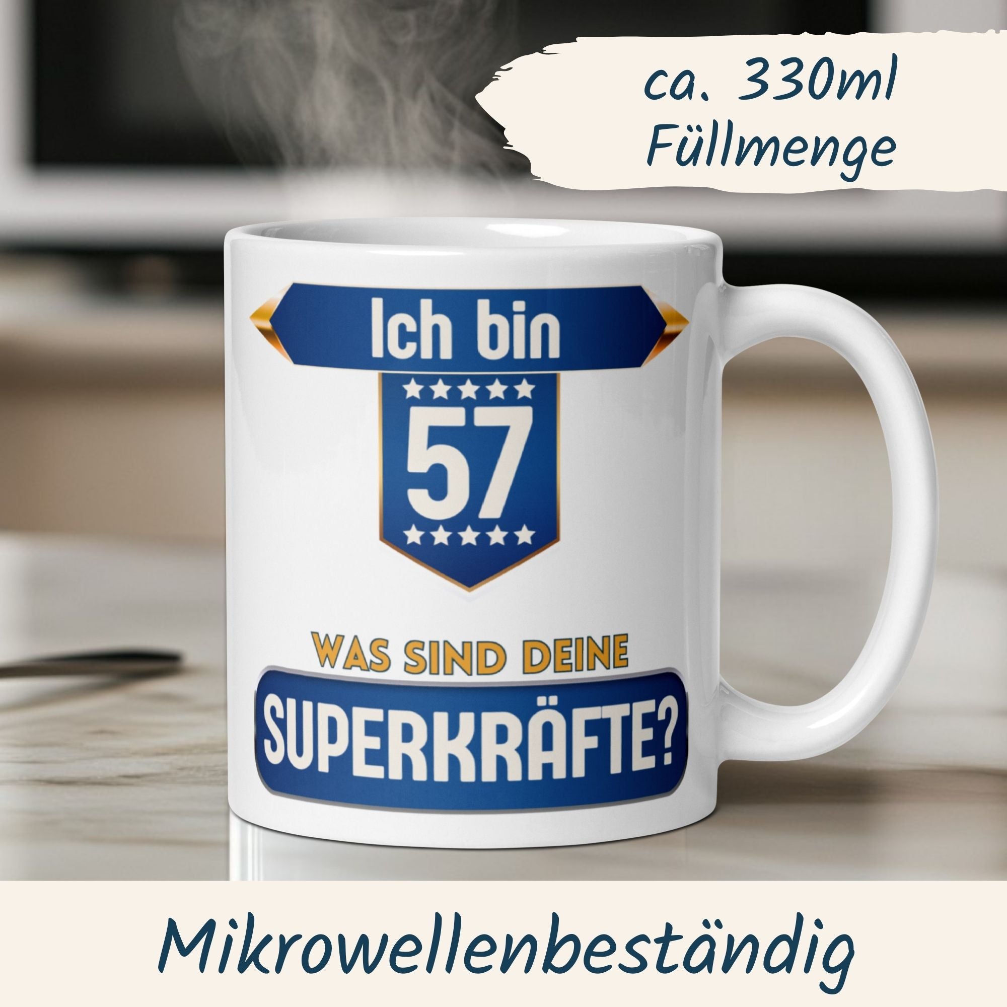 Momentals® Tasse 57. Geburtstag | Superheld & Spruch | Ich bin 57 und was ist deine Superkraft • Momentals