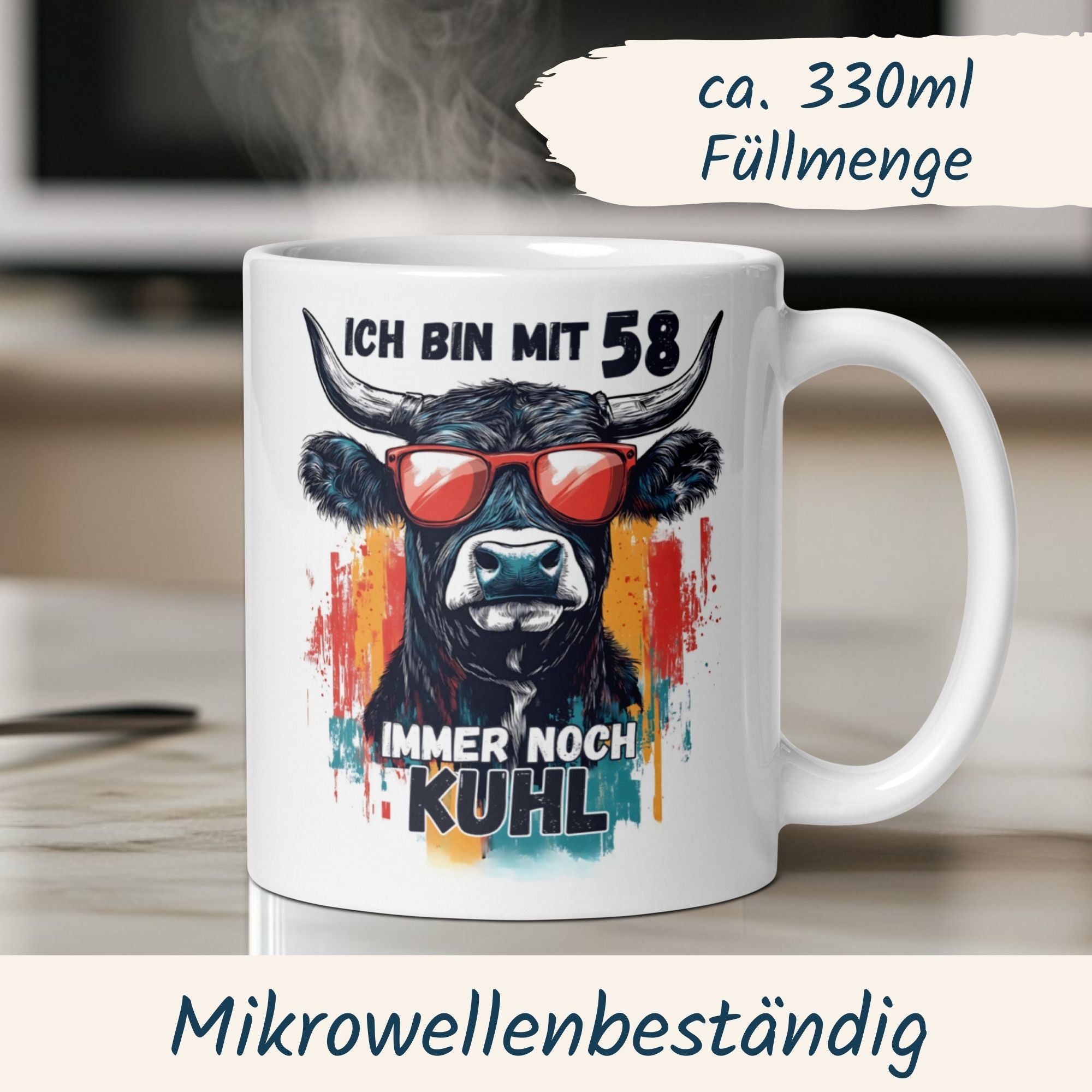 Momentals® Tasse 58. Geburtstag | Kuh & Spruch | Ich bin mit 58 immer noch Kuhl • Momentals