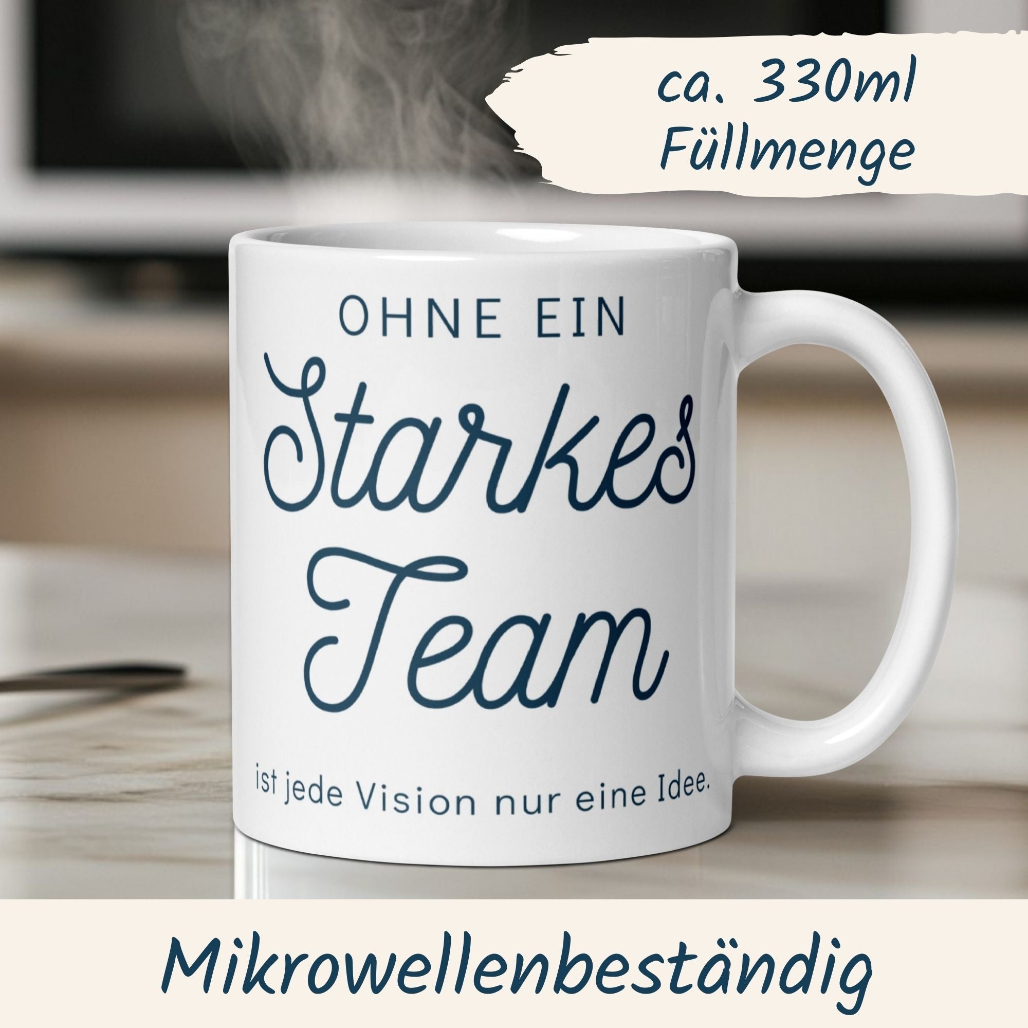 Momentals Teamwork Tasse mit inspirierendem Spruch über Teamgeist und Zusammenarbeit, mikrowellenbeständig.