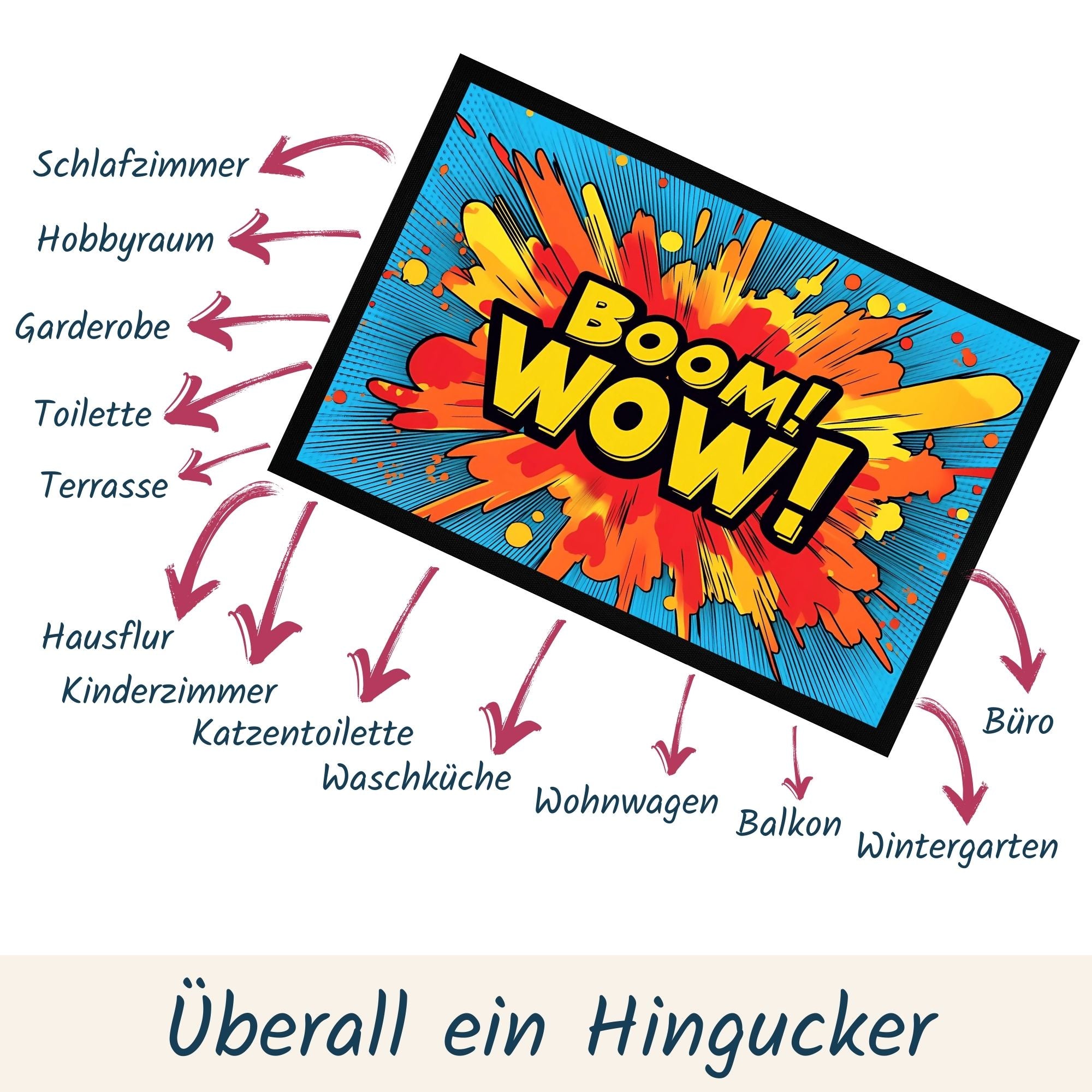 Colorful comic-style mat 'Boom! WOW!' with suggested placements like bedroom, office, and terrace.