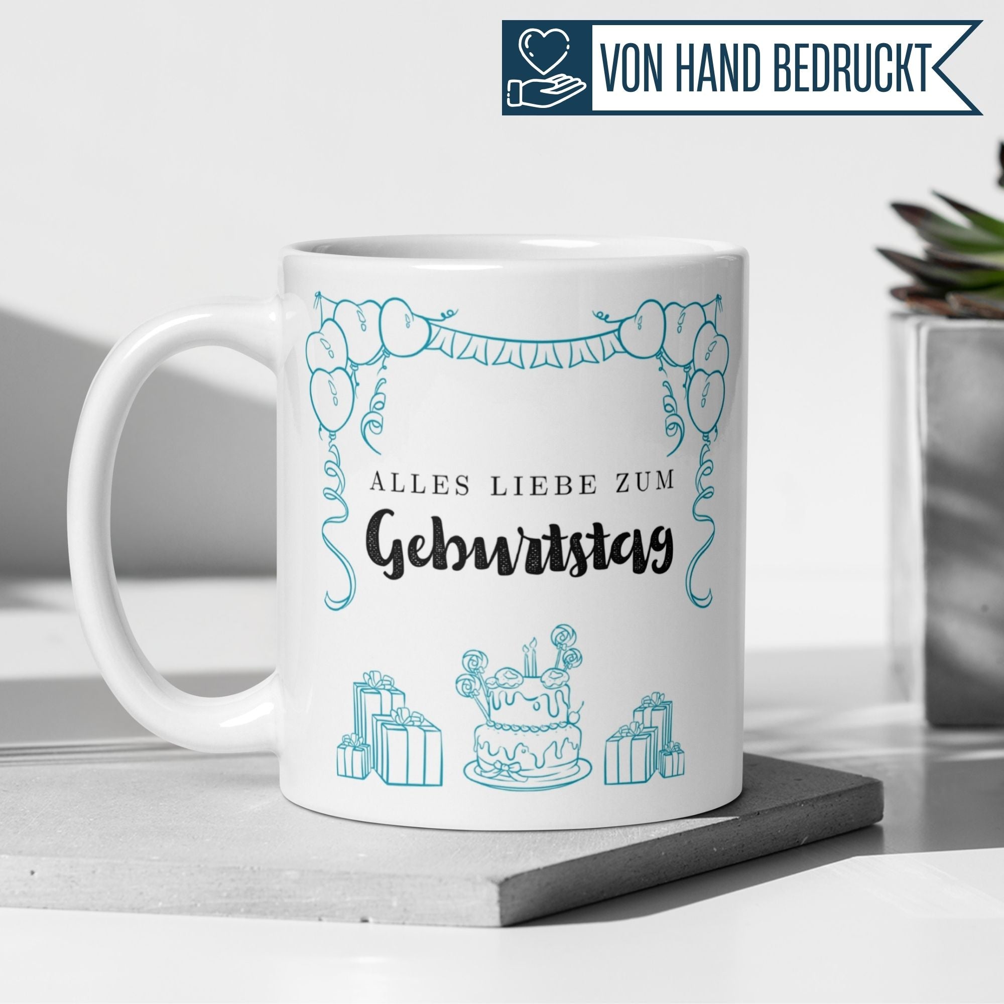 Momentals® Geburtstagstasse mit Kuchen und Ballons, perfektes Geschenk für gute Laune!