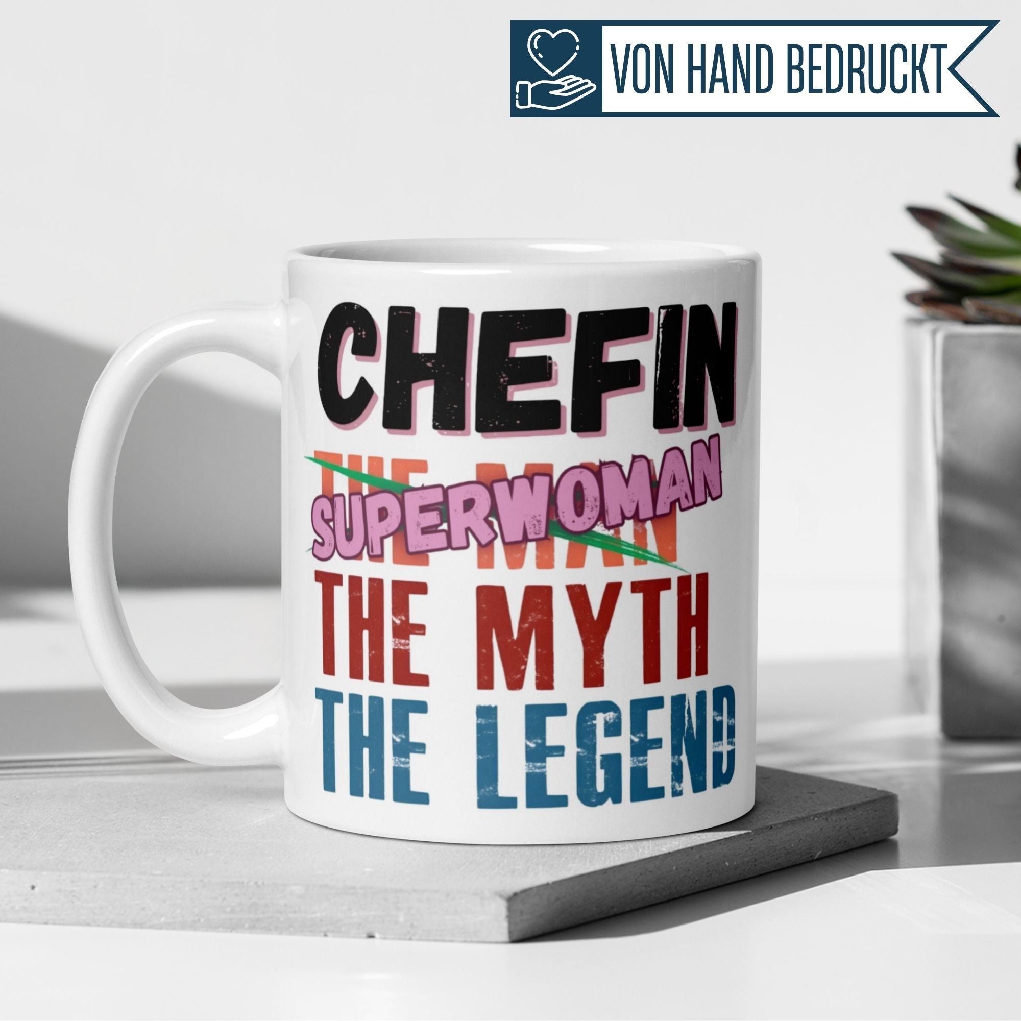 Momentals Chefin mug featuring bold typography: Superwoman, The Myth, The Legend – a playful gift for leaders.