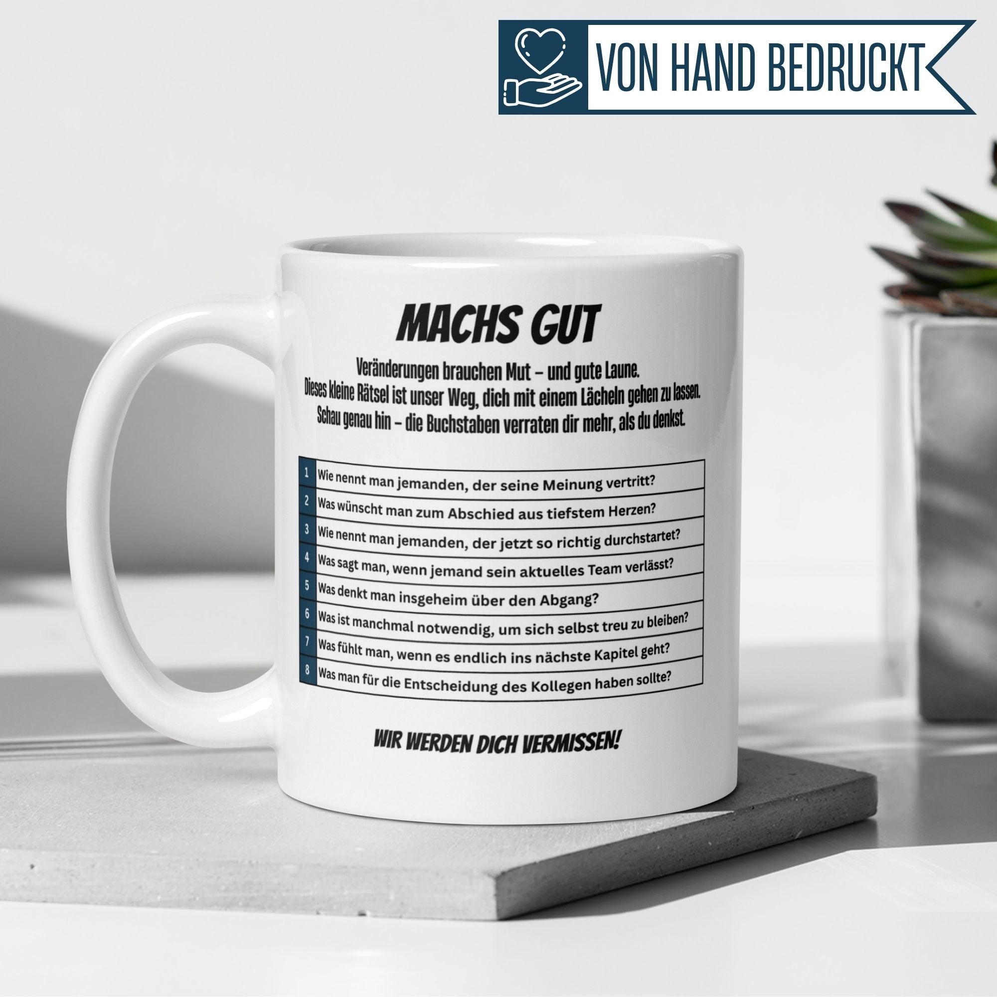 Momentals® Tasse Abschied | Beidseitiges Motiv & Spruch | Verräter mit Kreuzworträtsel • Momentals
