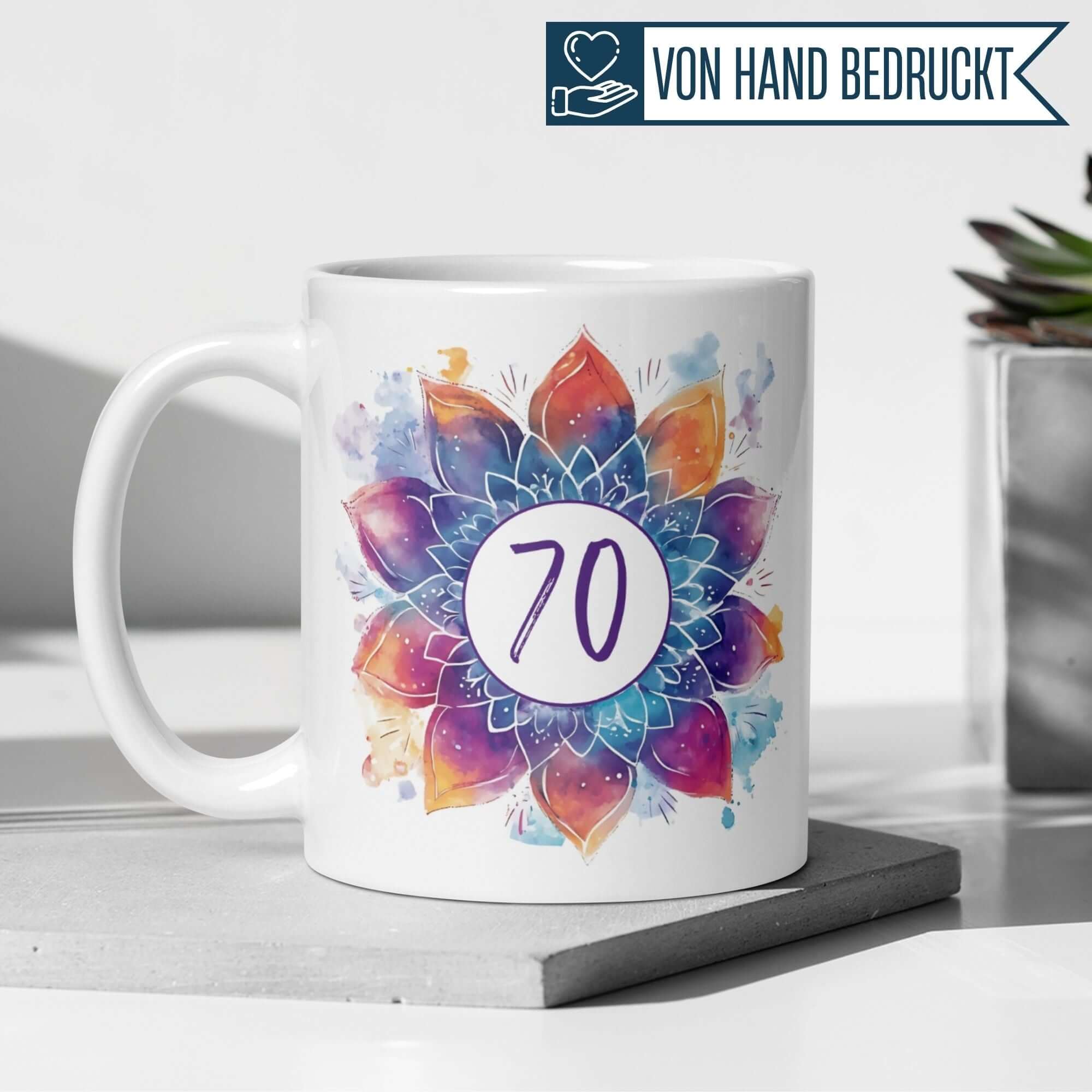 Momentals® Tasse mit buntem Mandala-Motiv für den 70. Geburtstag, perfekt für festliche Anlässe.