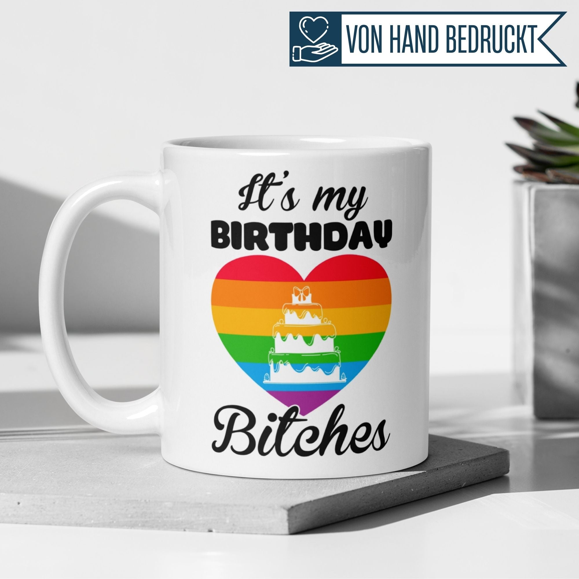 Momentals® birthday mug with rainbow heart and cake, perfect for celebrating in style.