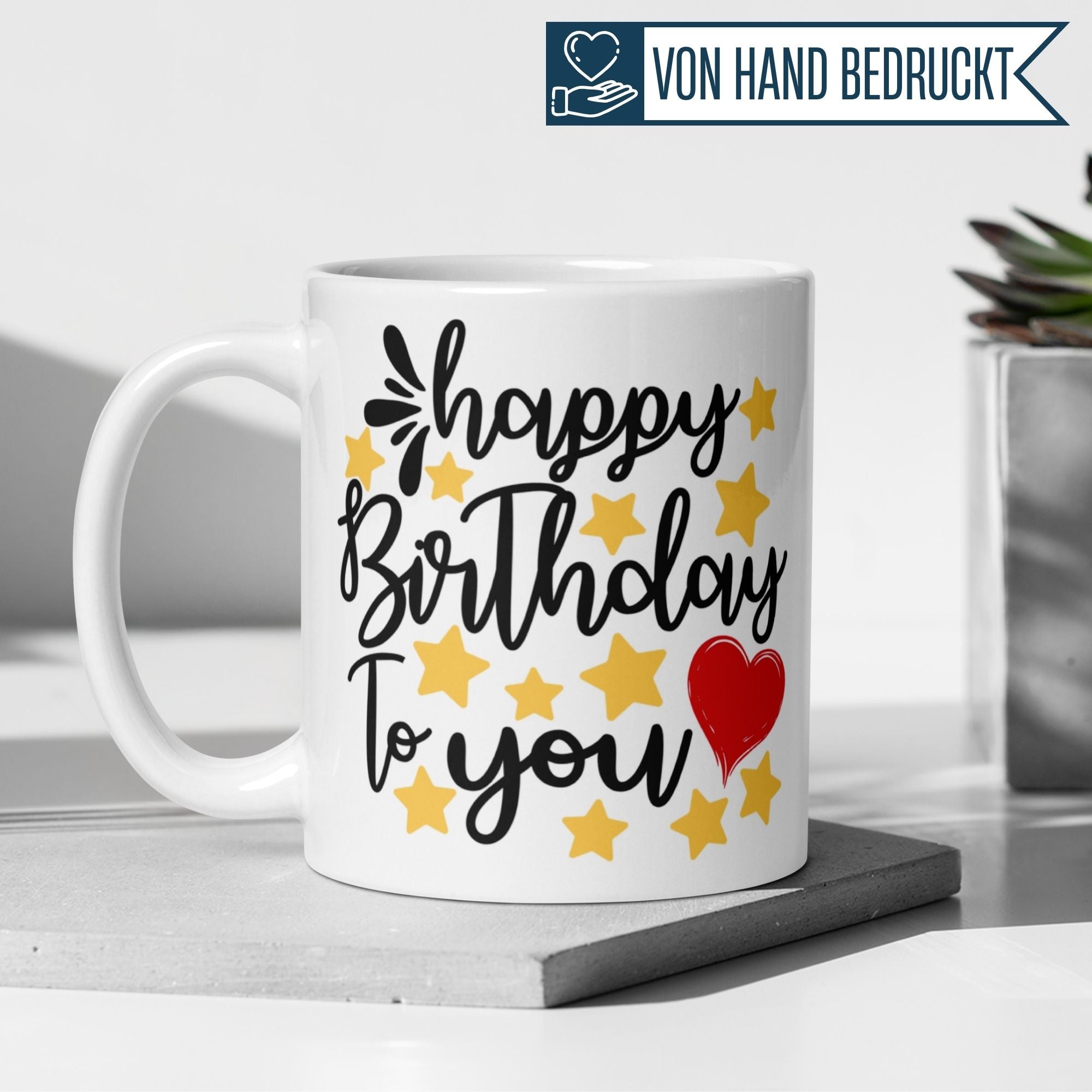 Momentals® Happy Birthday mug with red heart and gold stars, perfect gift for birthday celebrations.