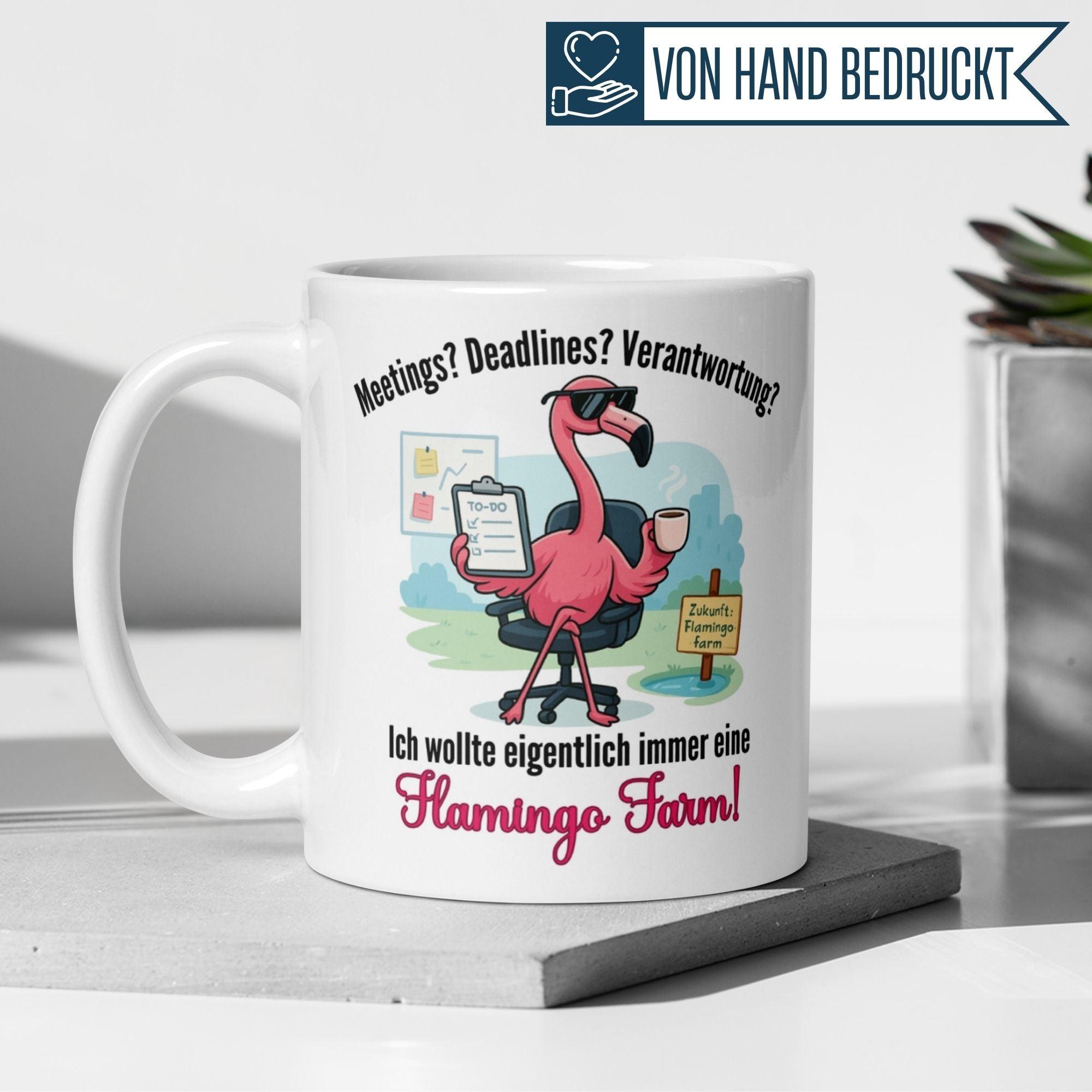Momentals Tasse mit Flamingo und witzigem Spruch über Morgenmuffel und Flamingo Farm.