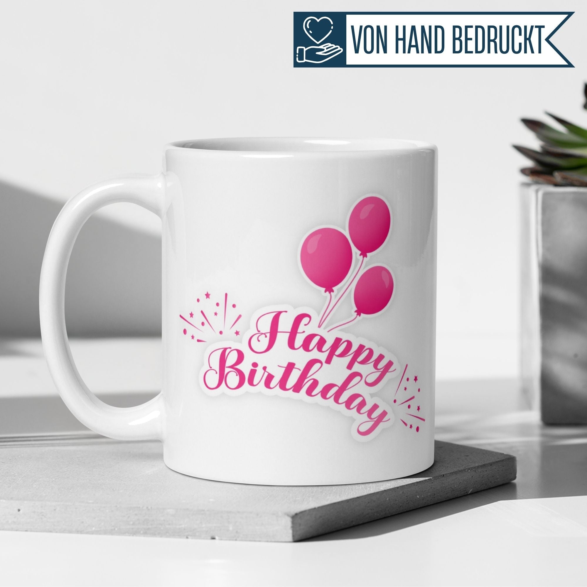 Momentals Tasse mit pinken Ballons und 'Happy Birthday' Schriftzug, ideal für feierliche Anlässe.