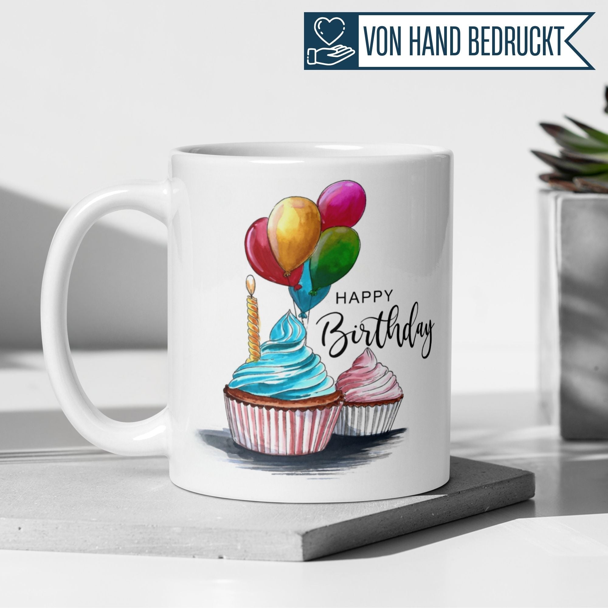 Momentals® Tasse mit Cupcakes und Luftballons für einen fröhlichen Geburtstag