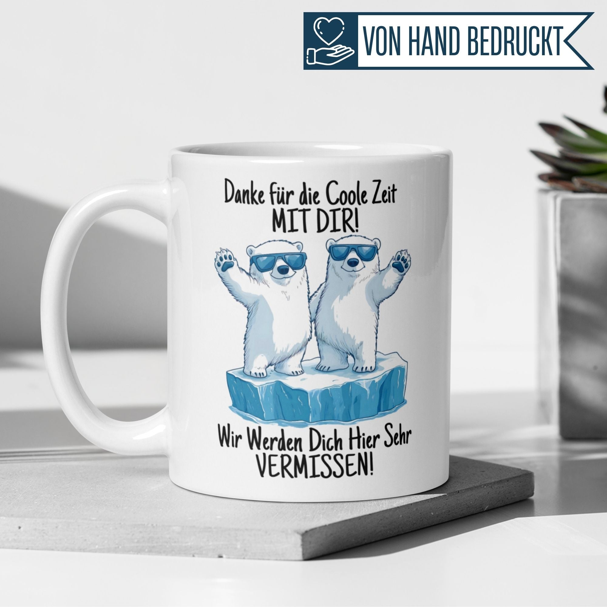 Tasse Abschied mit Eisbären und Spruch "Danke für die coole Zeit mit dir!" - Perfektes Geschenk für Erinnerungen.