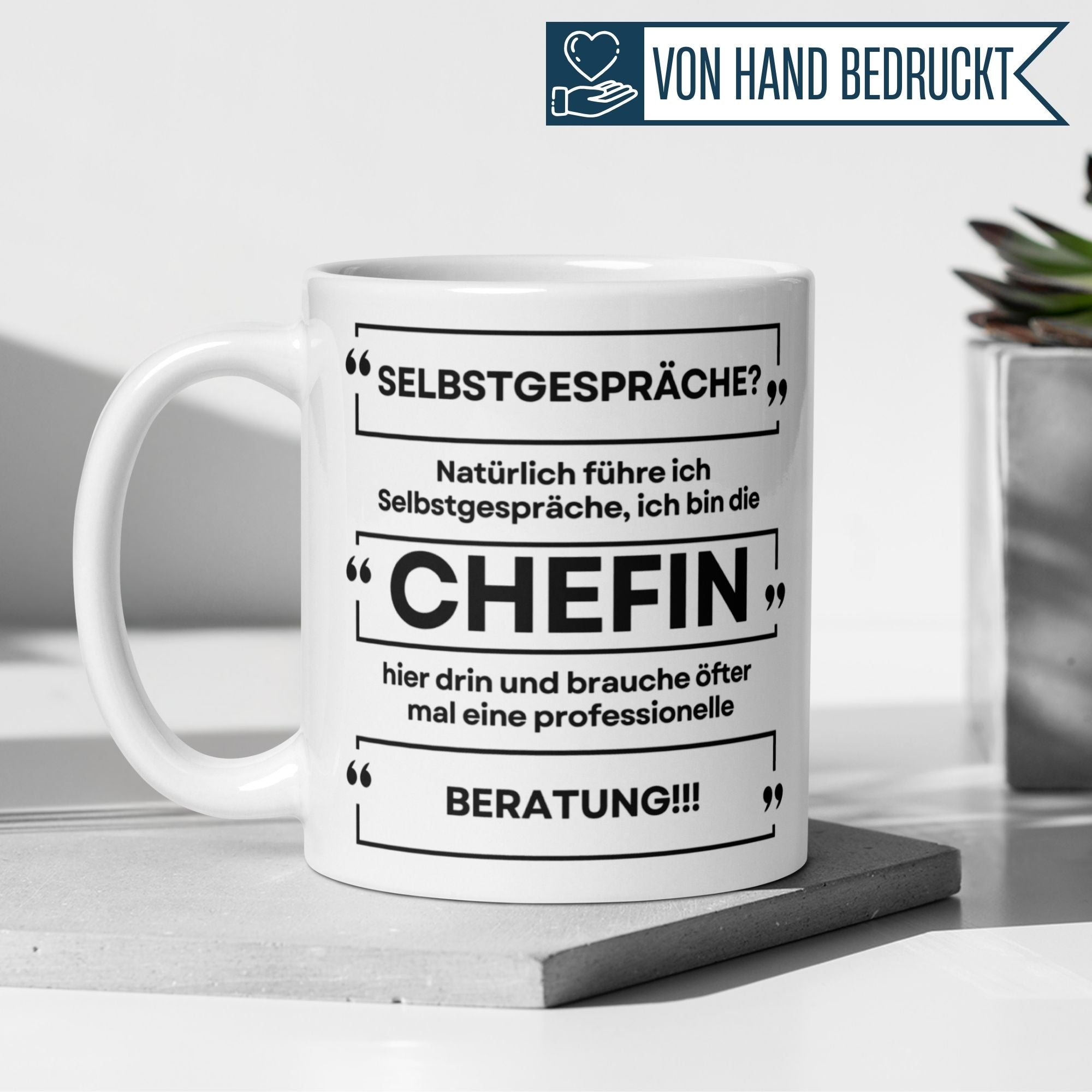 Humorous Momentals® mug for bosses with quotes on self-talk and professional advice in stylish black and white.