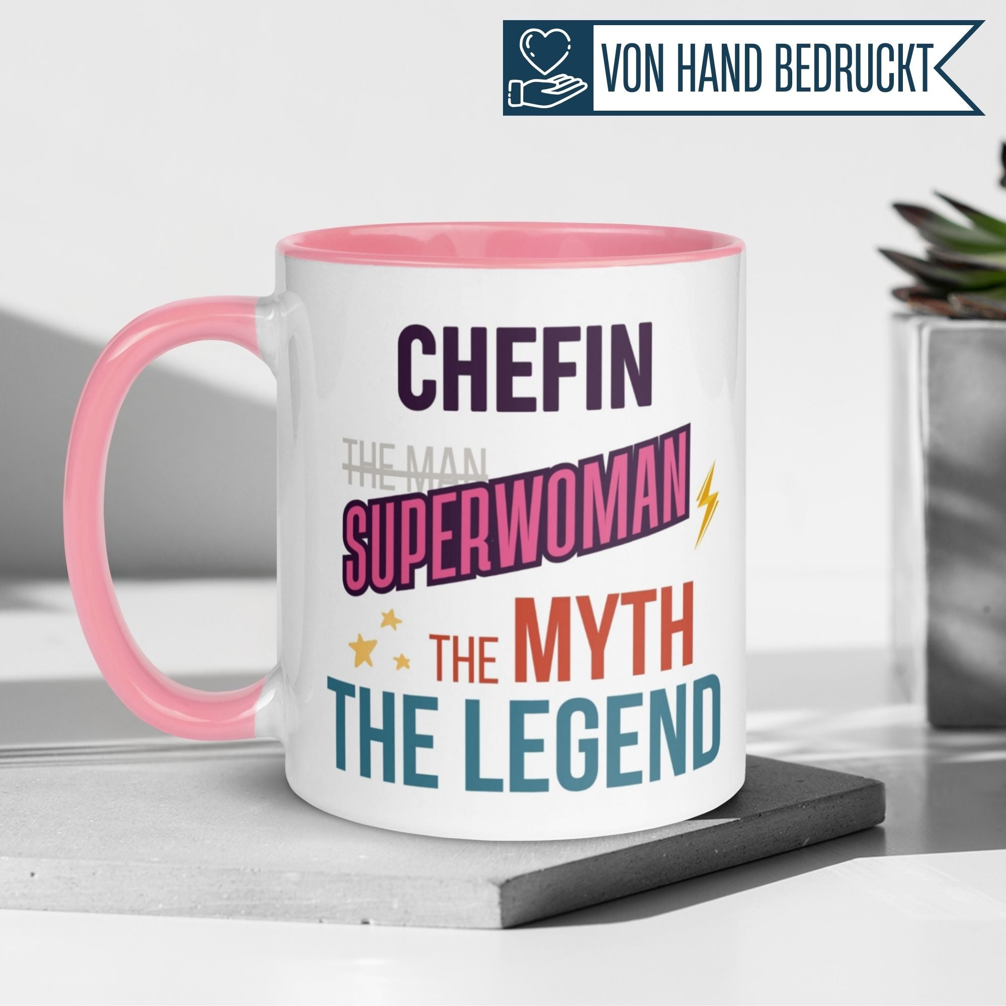 Humorous momentals mug for bosses with text: "Chefin - Superwoman - The Myth - The Legend" in vibrant typography.