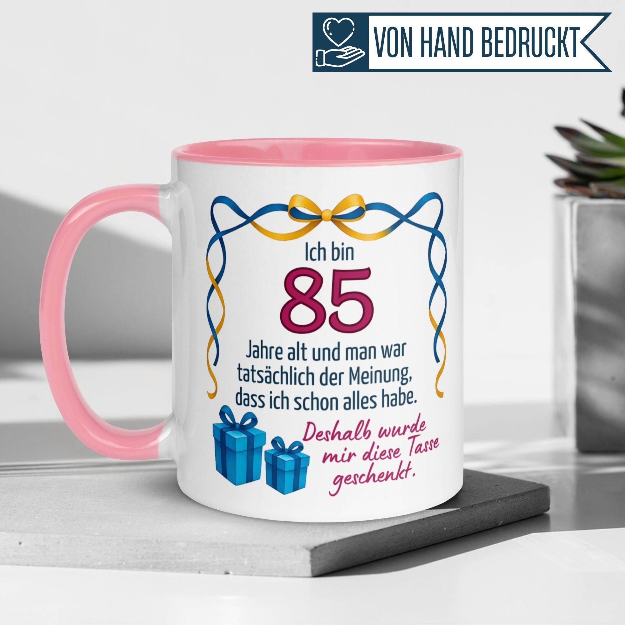 Humorous birthday mug for 85th birthday, featuring gifts and playful text in vibrant design.