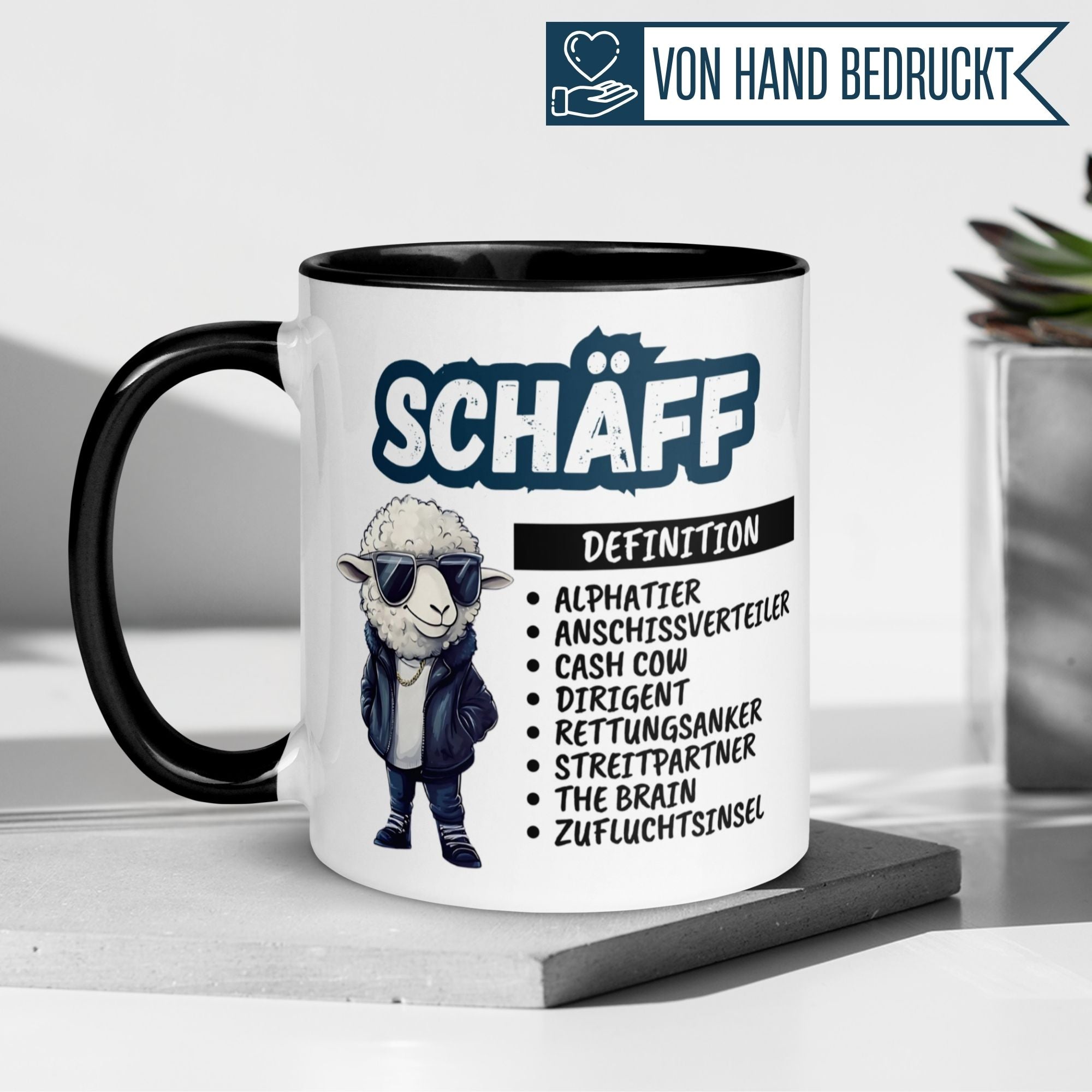 Momentals Tasse Chef mit Schaf-Motiv und Definitionen, ideal als Geschenk für Führungskräfte.