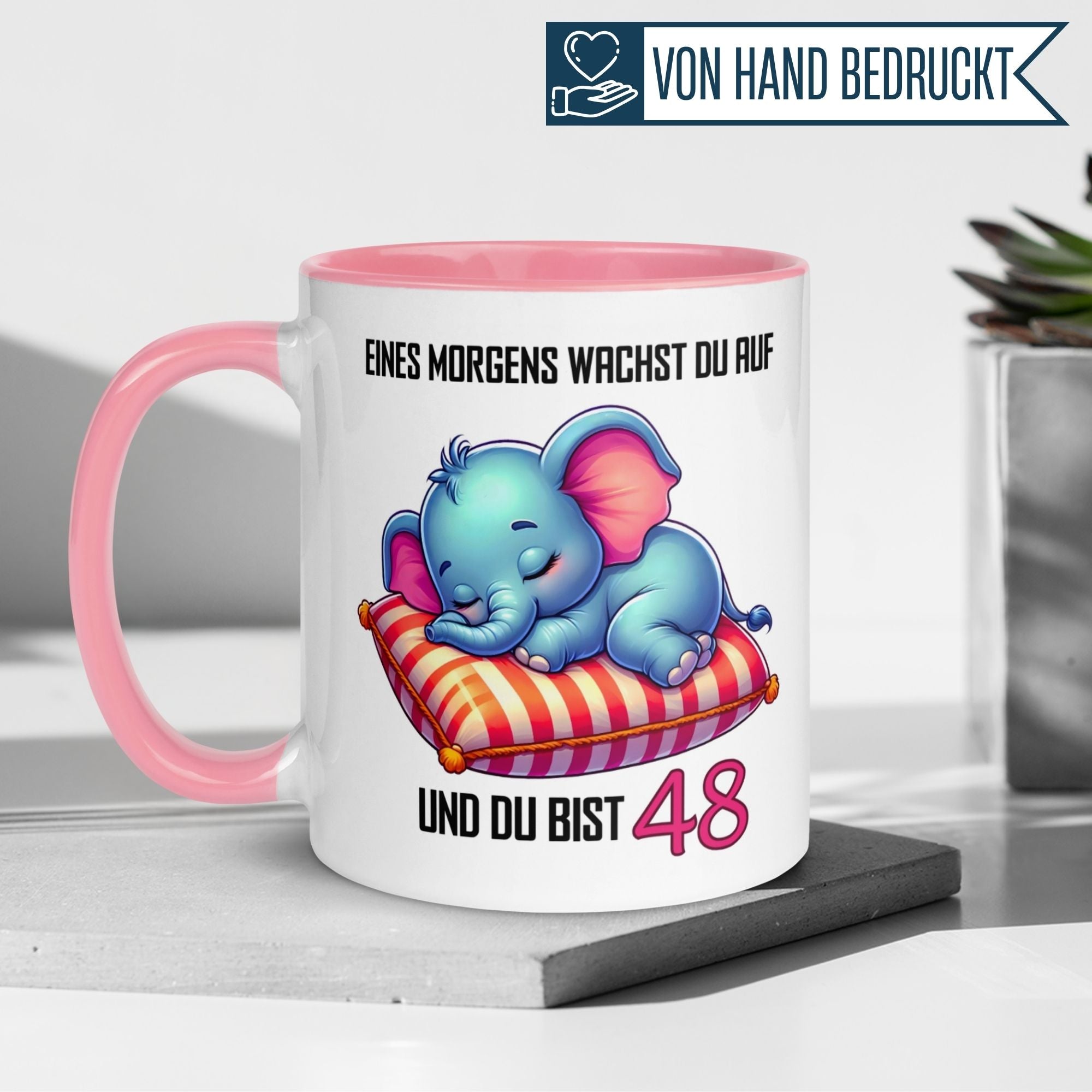 Momentals® Tasse mit Elefant und Spruch "Eines Morgens wachst du auf und du bist 48" für den besonderen Geburtstag.