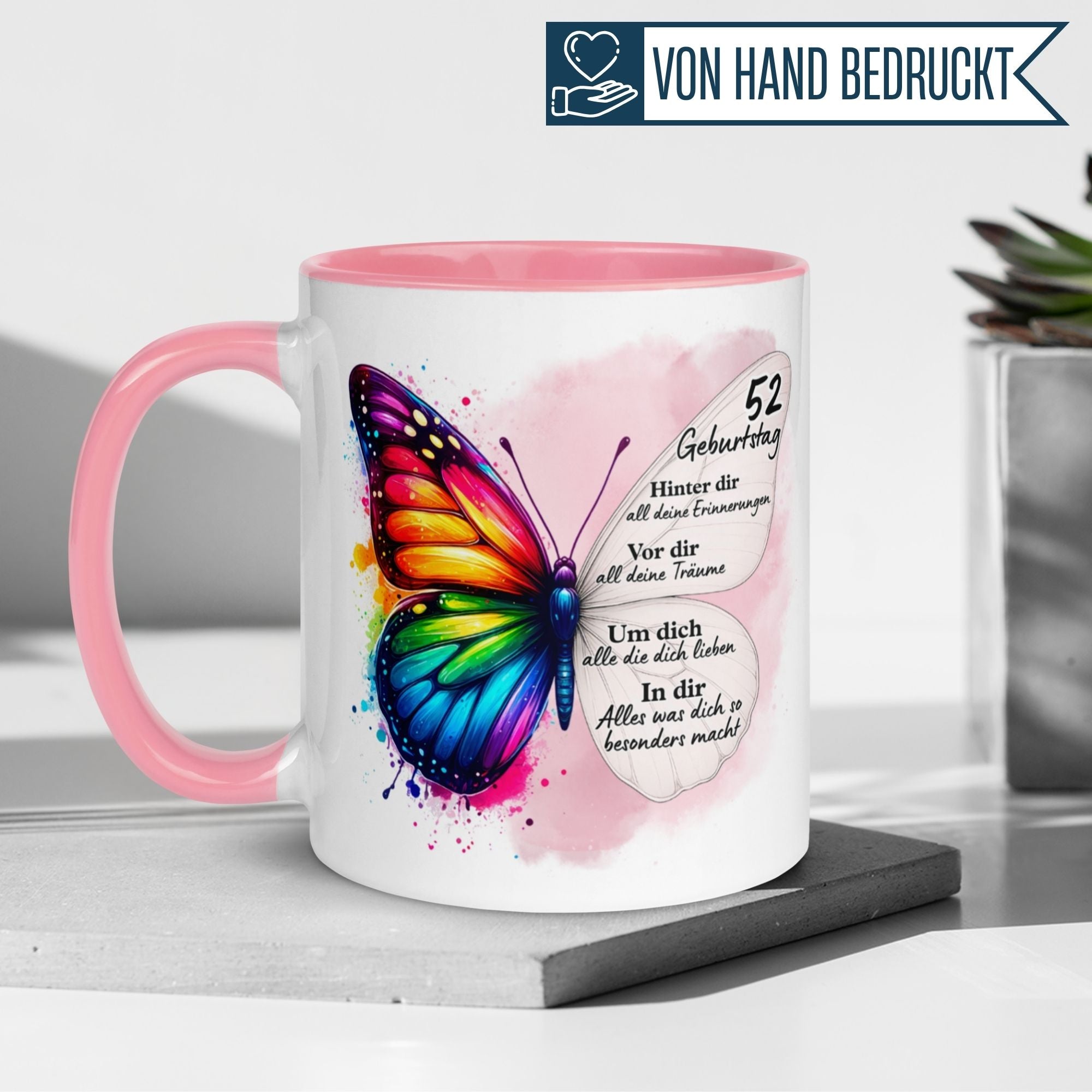 Momentals® Tasse 52. Geburtstag | Schmetterling & Spruch | Hinter dir Erinnerungen - vor dir Träume