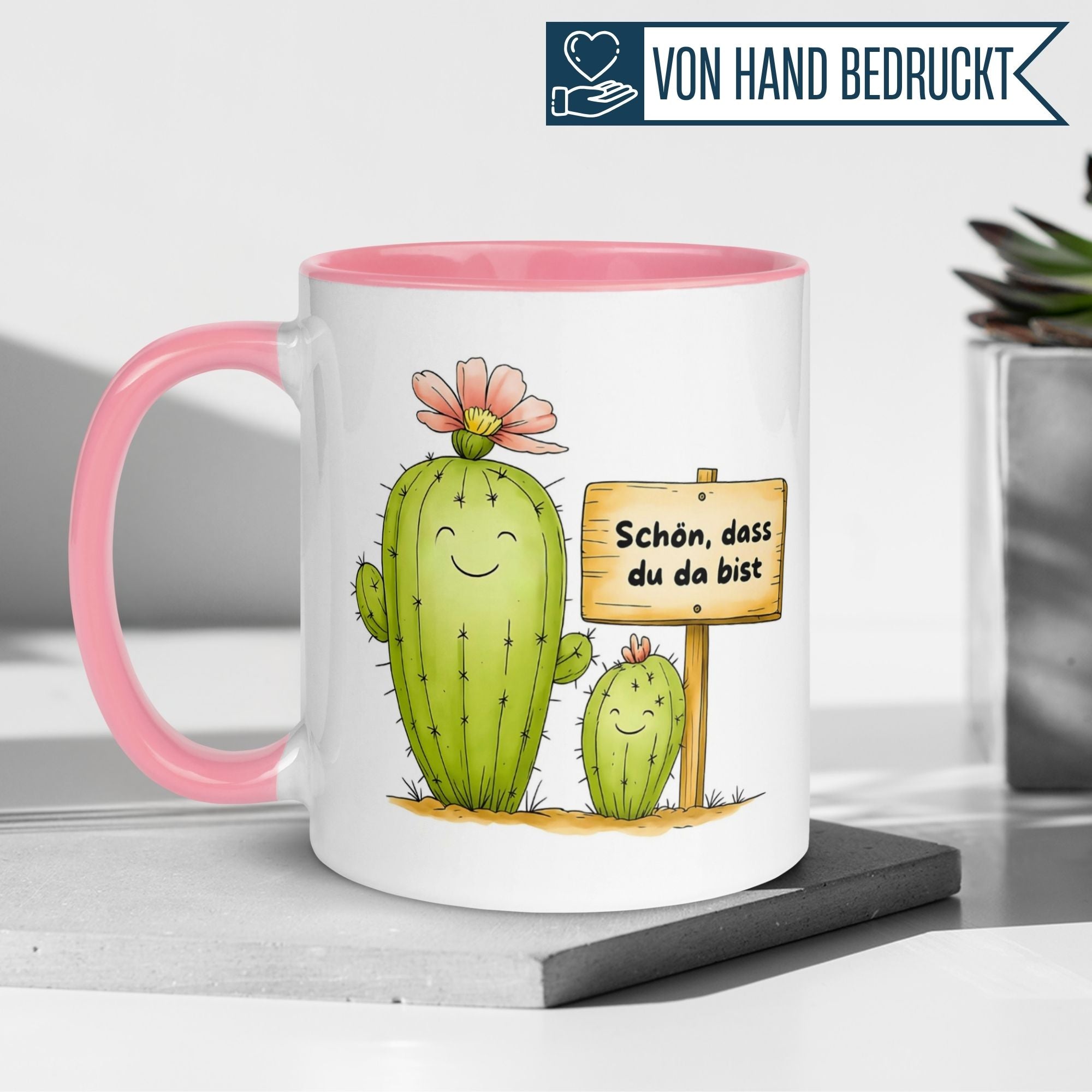 Momentals Tasse mit Kaktus-Motiv und dem Spruch "Schön, dass du da bist", ideal zum Dankeschön sagen.