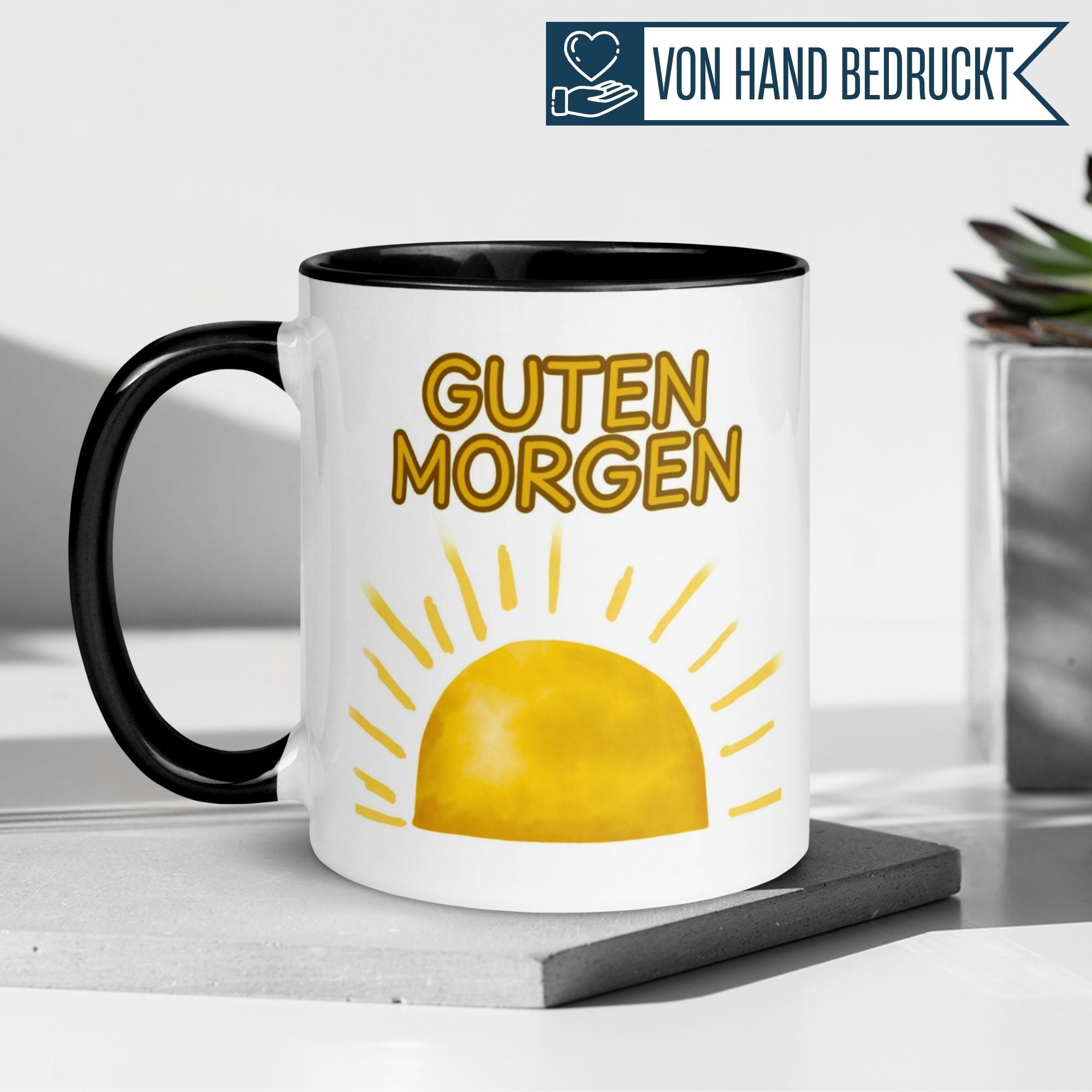 Momentals® Tasse mit Sonnenaufgang und "Guten Morgen" Aufdruck in Aquarell-Design.