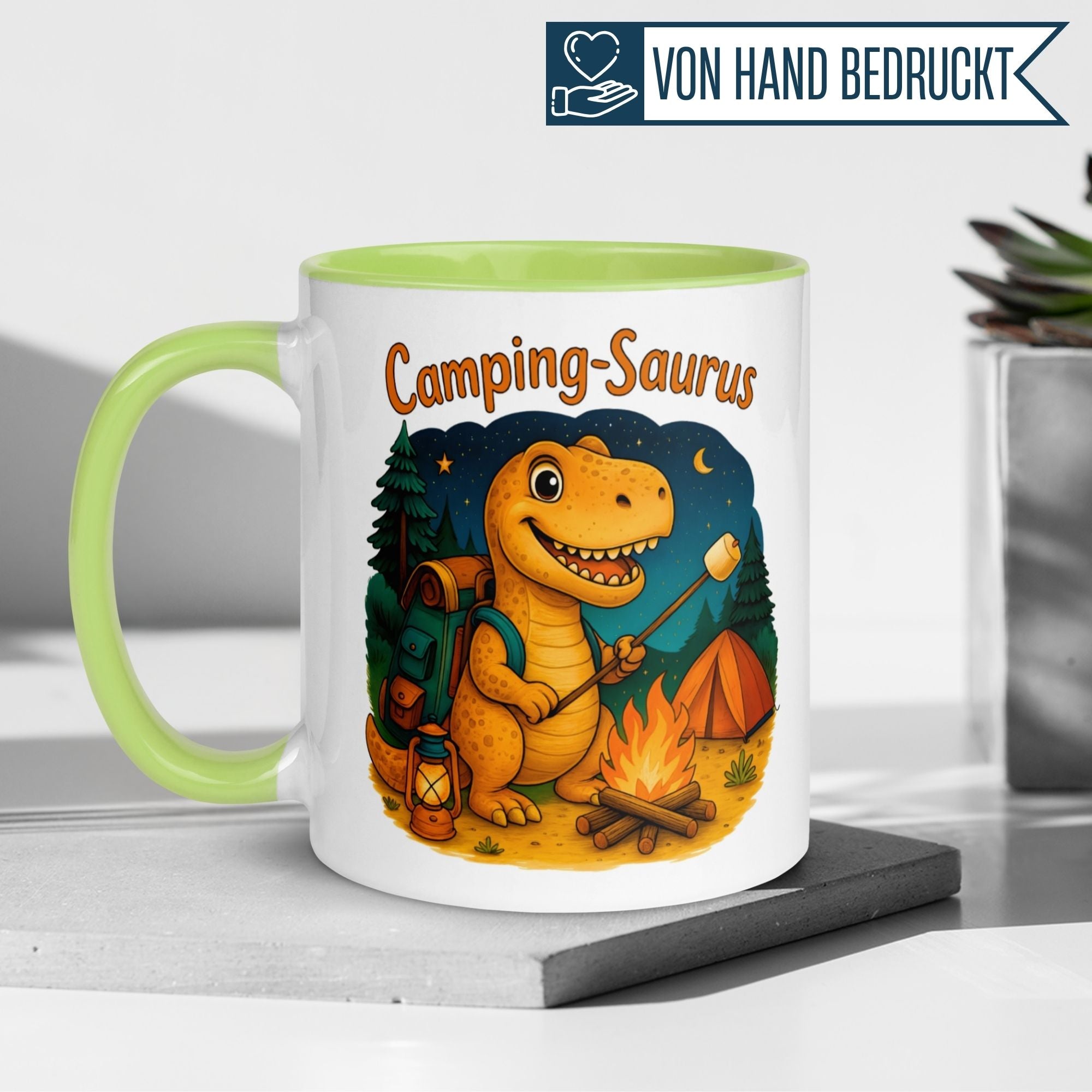 Tasse Dinosaurier – „Camping Saurus“ – Dino Geschenk Becher für Camper
