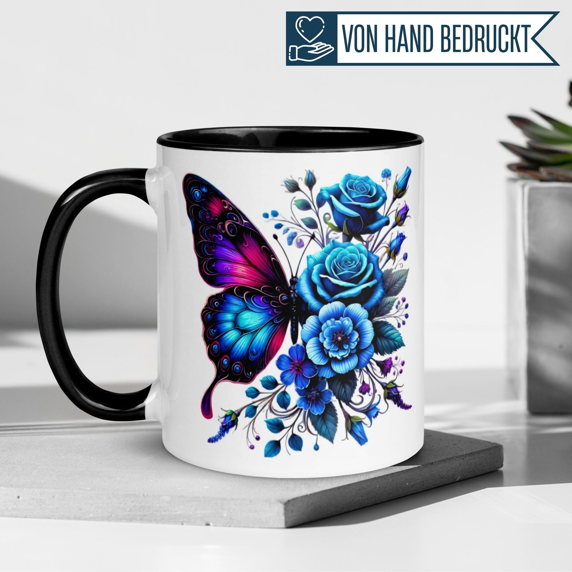 Tasse | Schmetterling & Rosen | Elegantes blaues Blütendesign mit Farbverlauf